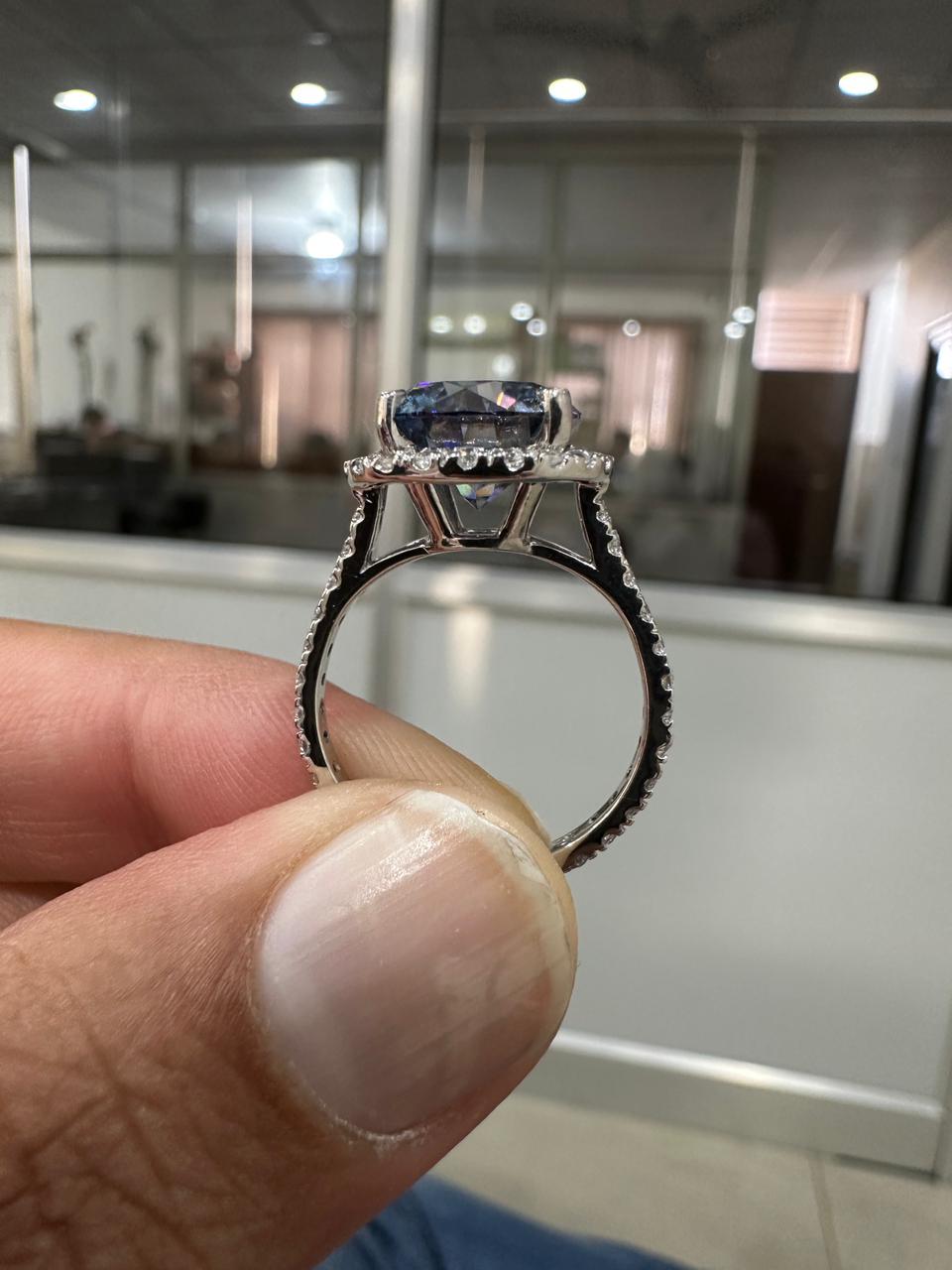 4 CT Blue Alexandrite Moissanite Engagement Ring | 14K White Gold Halo, Pave Band