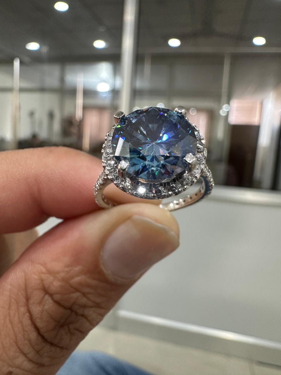 Blue Moissanite Engagement Ring | 14K White Gold Halo Pave Band, Gift for her