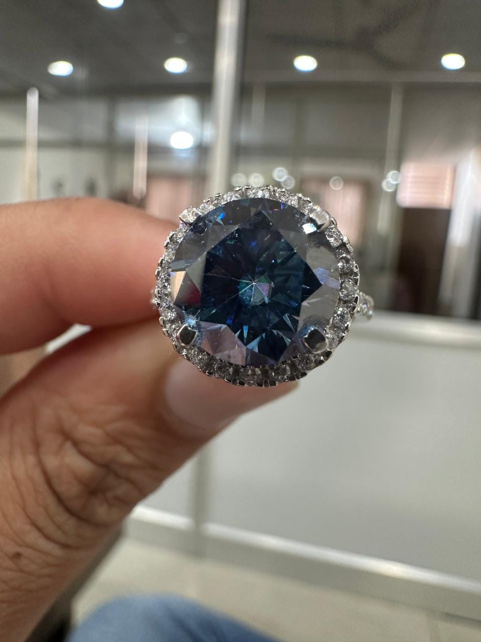Blue Moissanite Engagement Ring | 14K White Gold Halo Pave Band, Gift for her