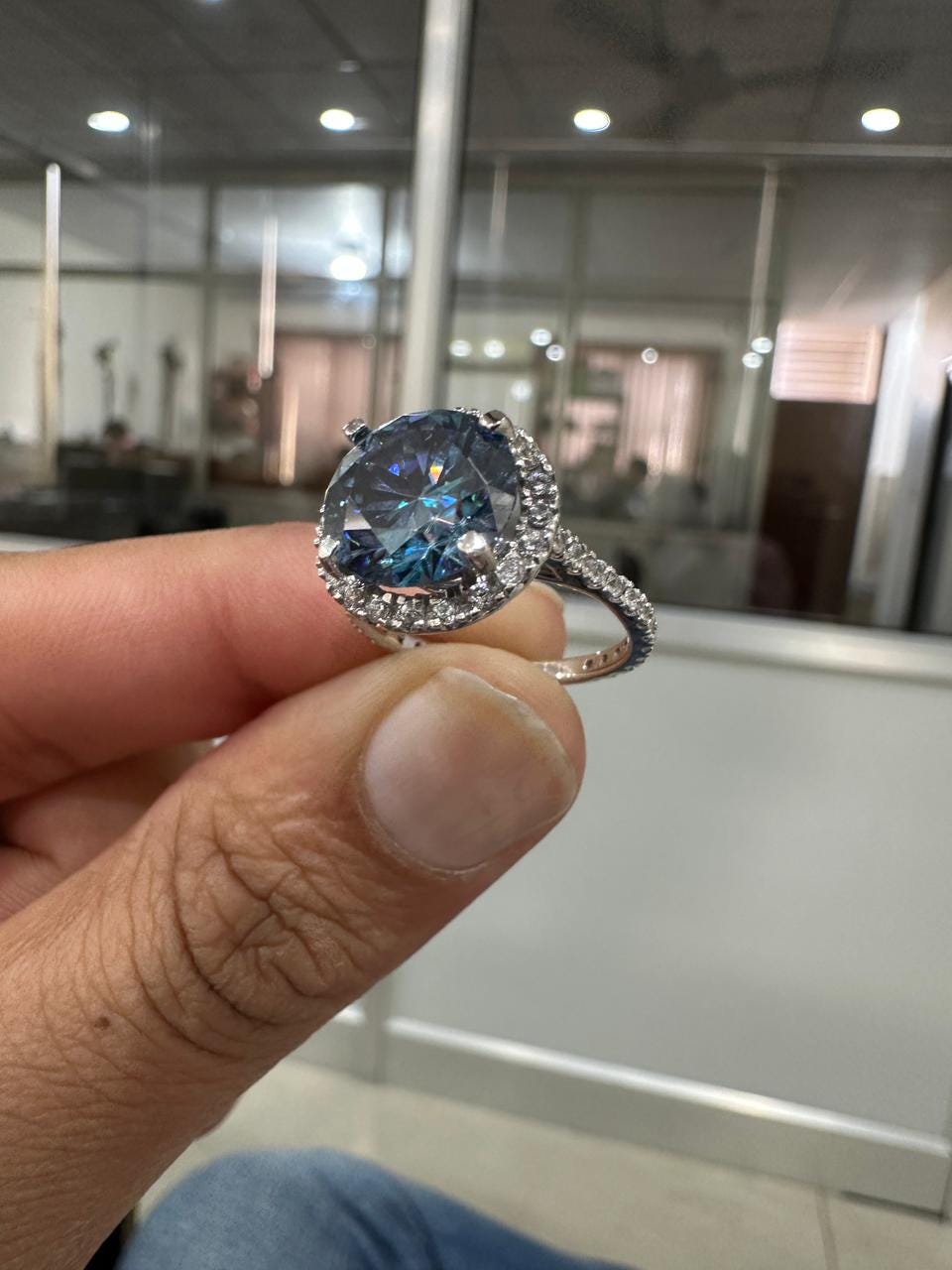 Blue Moissanite Engagement Ring | 14K White Gold Halo Pave Band, Gift for her