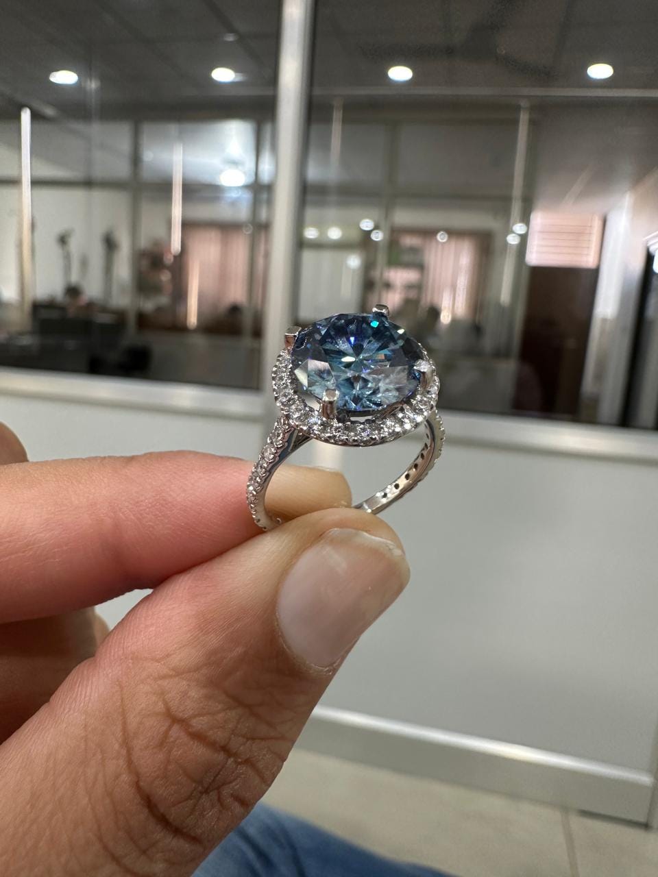 Blue Moissanite Engagement Ring | 14K White Gold Halo Pave Band, Gift for her