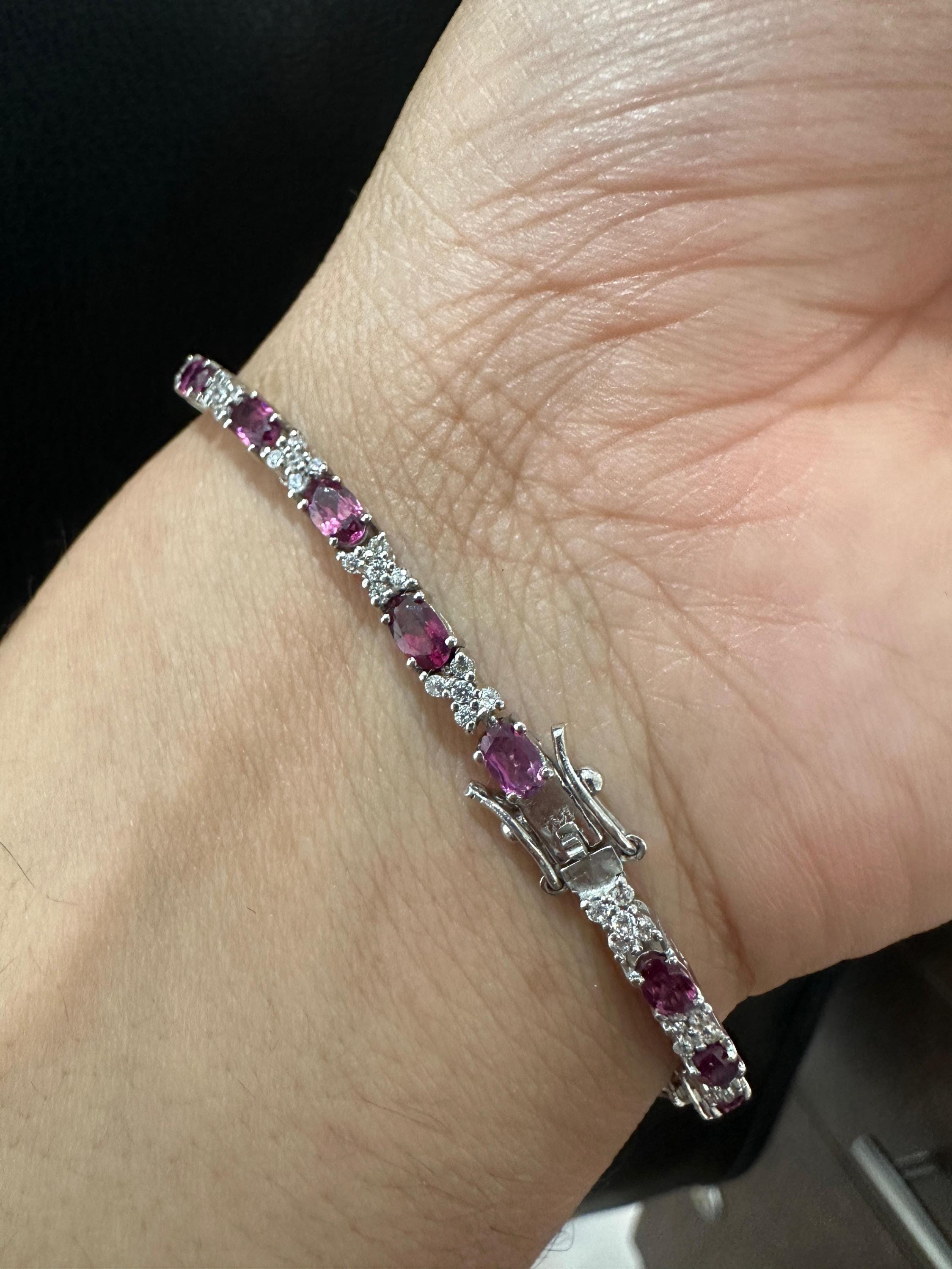 Rhodolite Garnet Tennis Bracelet | 925 Sterling Silver Diamond Accent Bridal Jewelry