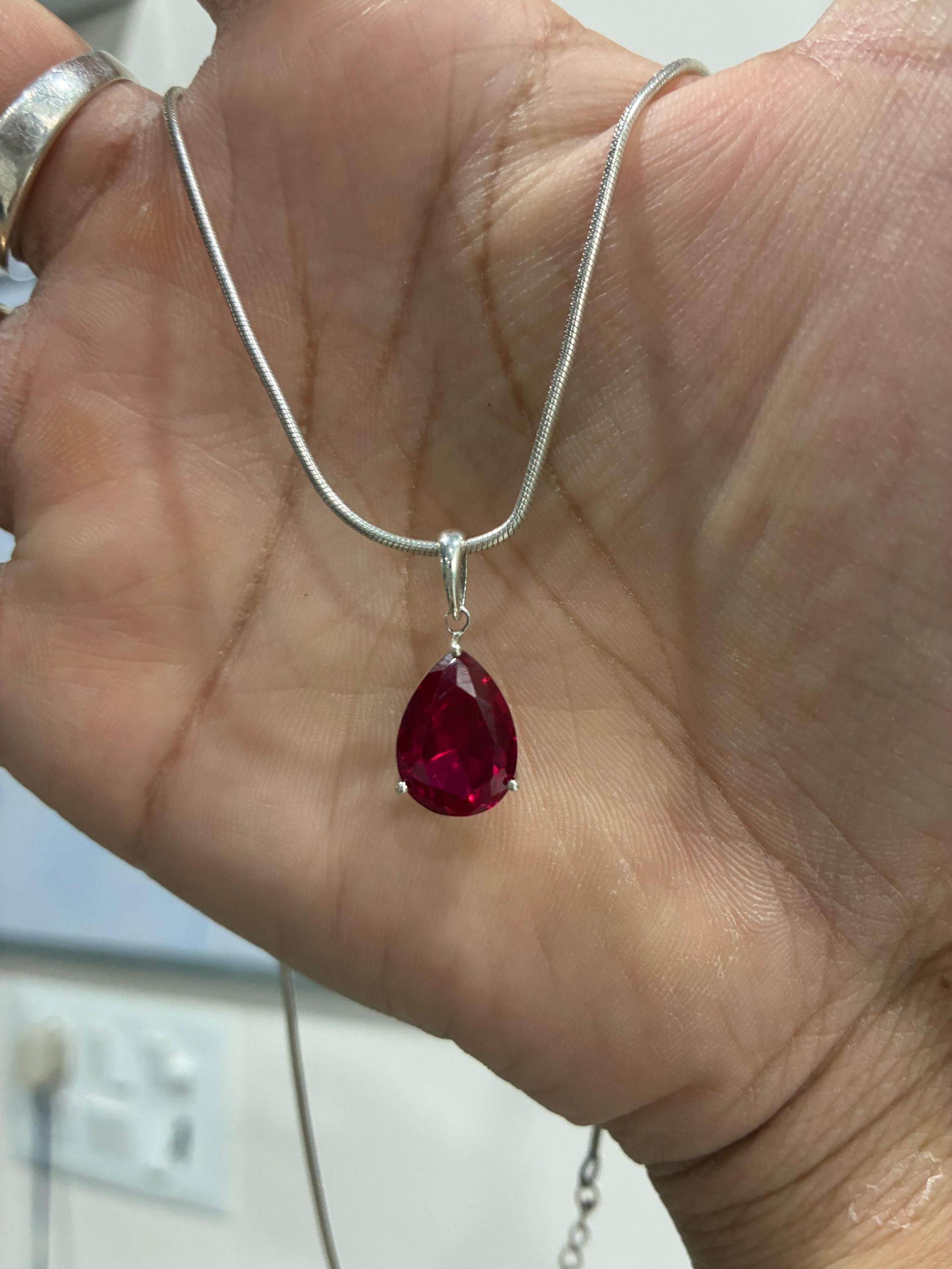6 CT Pear Cut Ruby Pendant Necklace, 14K White Gold, July Birthstone Jewelry