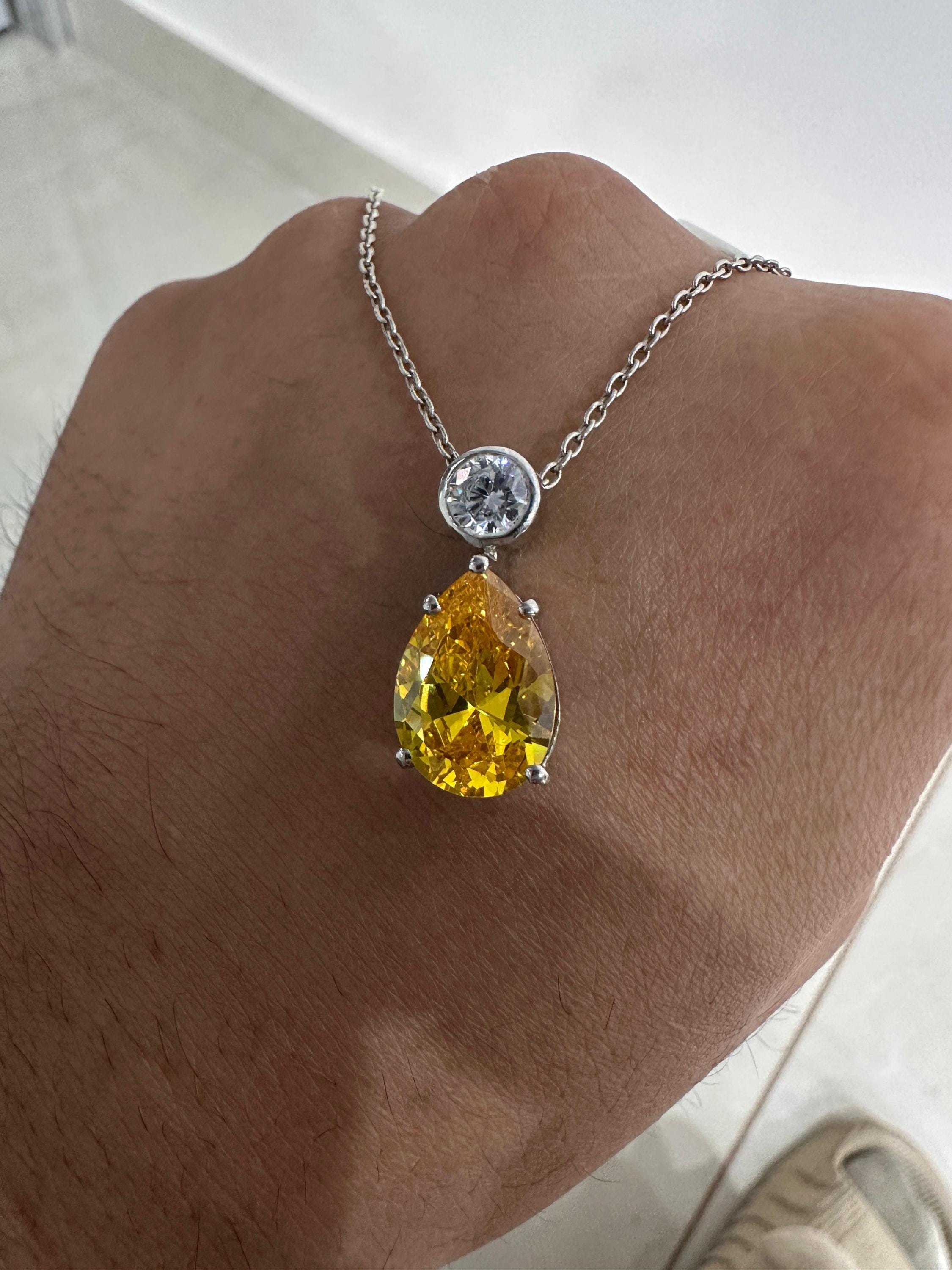 6CT Lab Yellow Diamond Pear Drop Pendant | Moissanite Accent, Platinum Finish