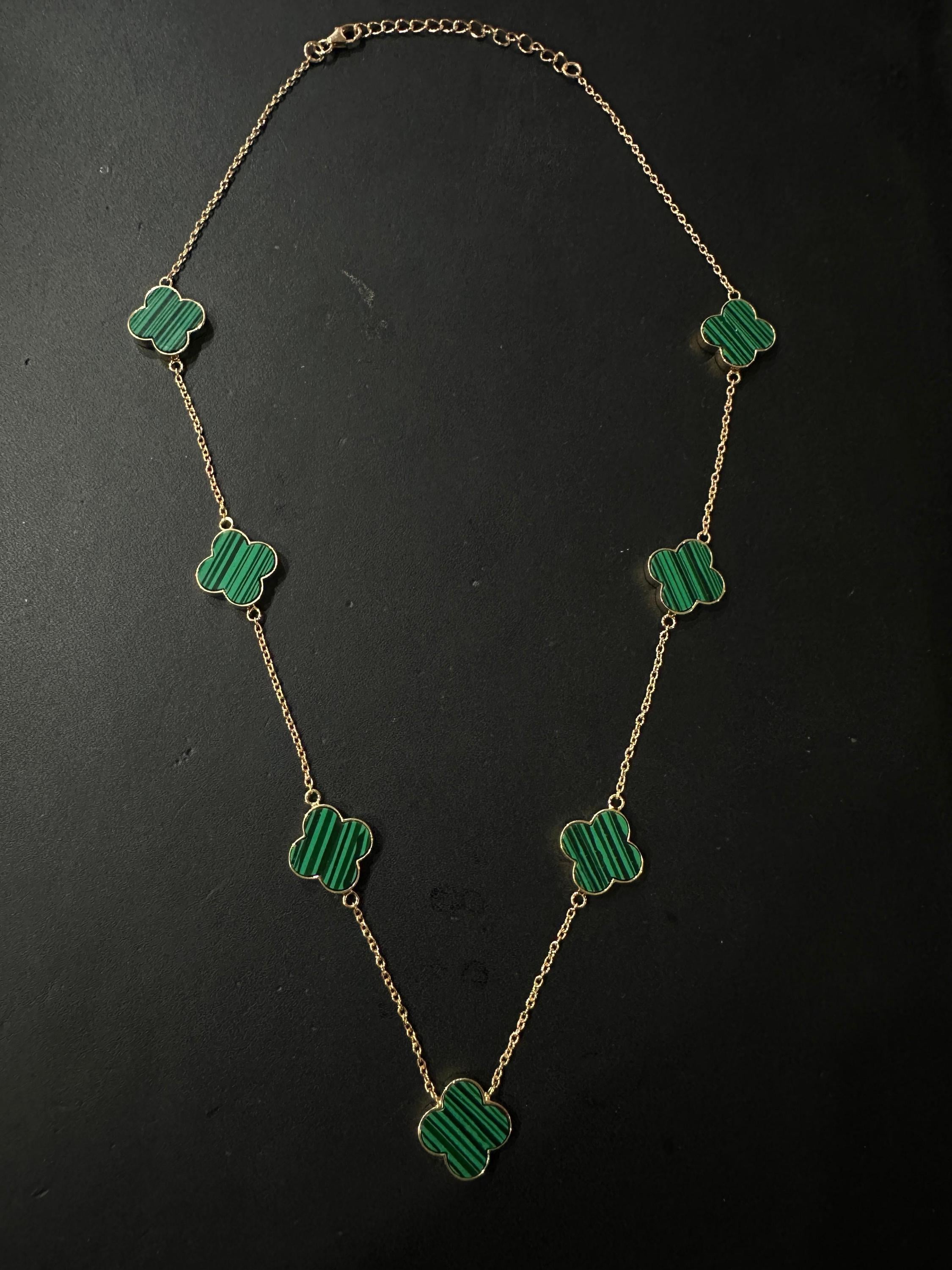 Malachite Clover Necklace 14K Gold Vermeil - Sterling Silver, Minimalist Charm