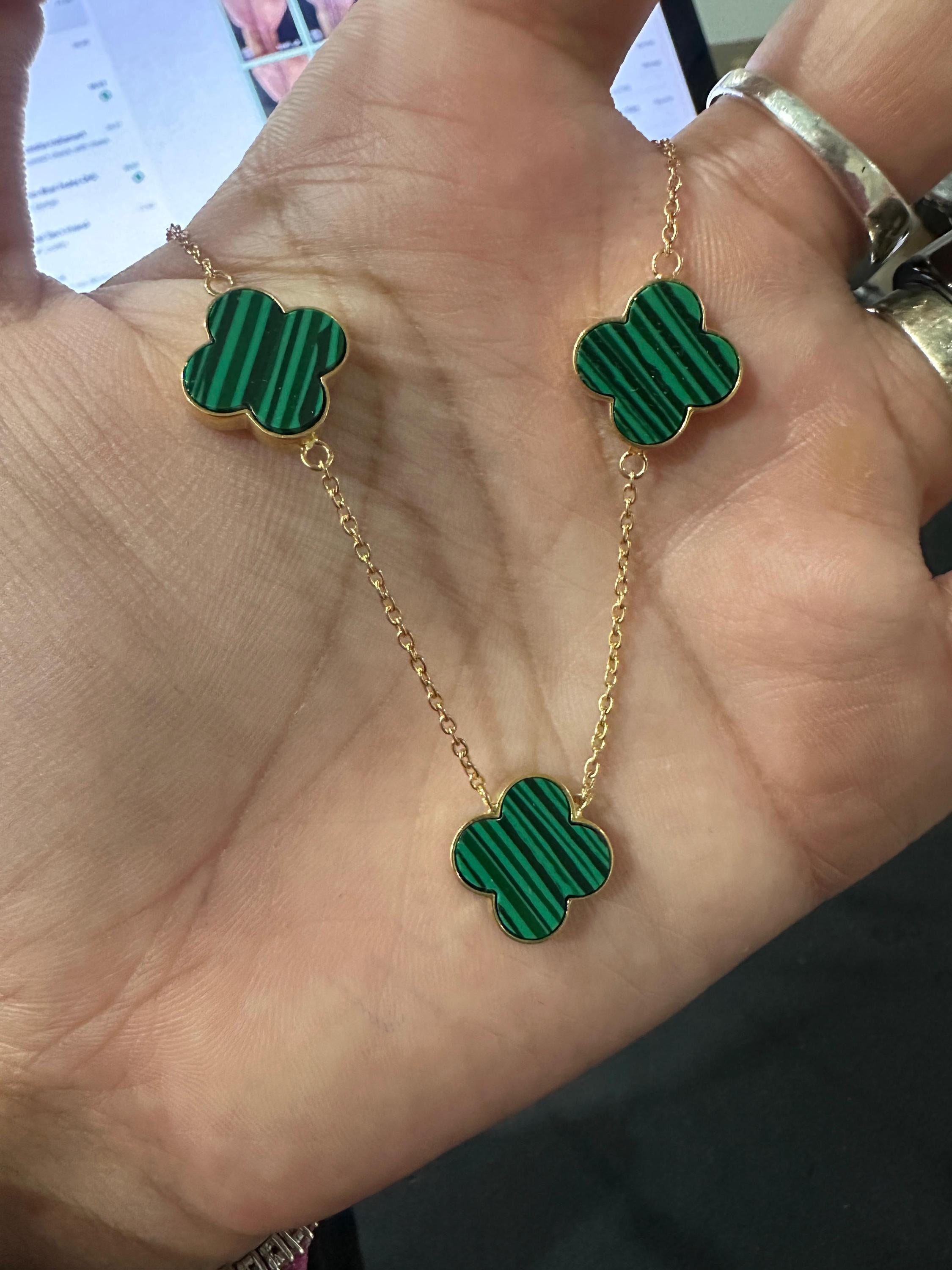 Malachite Clover Necklace 14K Gold Vermeil - Sterling Silver, Minimalist Charm