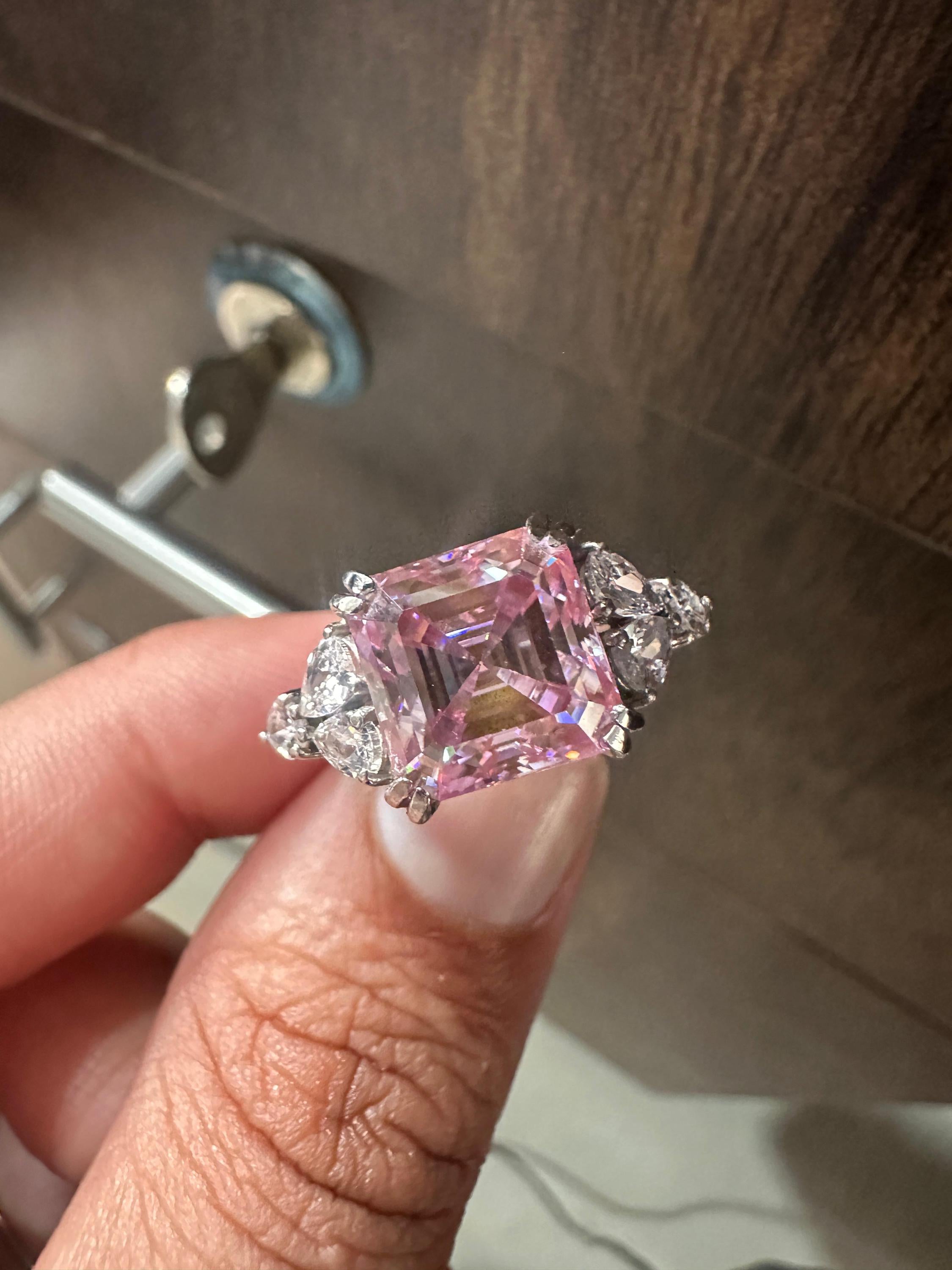 4 Ct Ascher cut Pink Moissanite Ring | 14K White Gold, Luxury gift for her