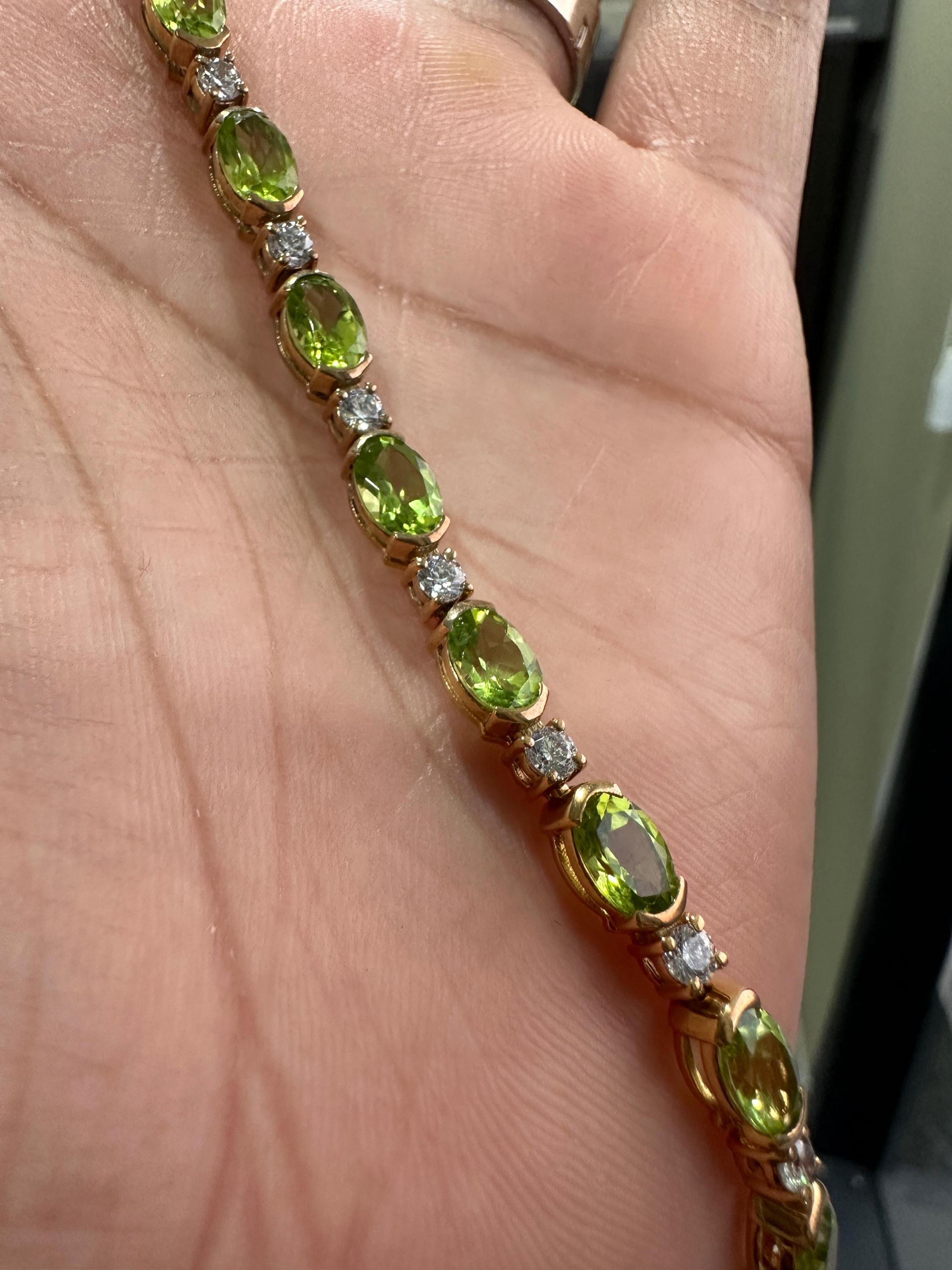 14K Yellow Gold Peridot Tennis Bracelet, Oval Gemstone Moissanite Accents