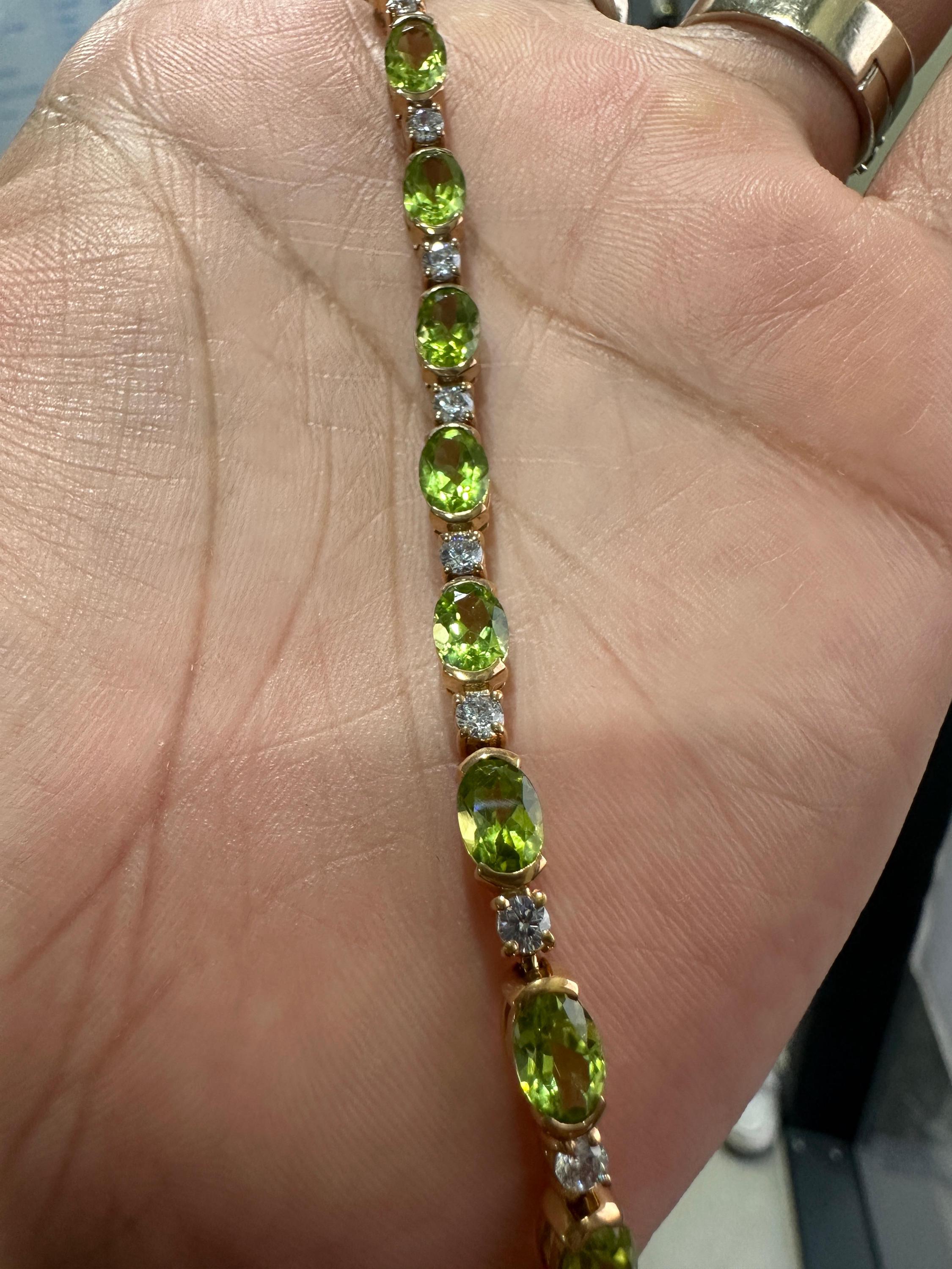14K Yellow Gold Peridot Tennis Bracelet, Oval Gemstone Moissanite Accents