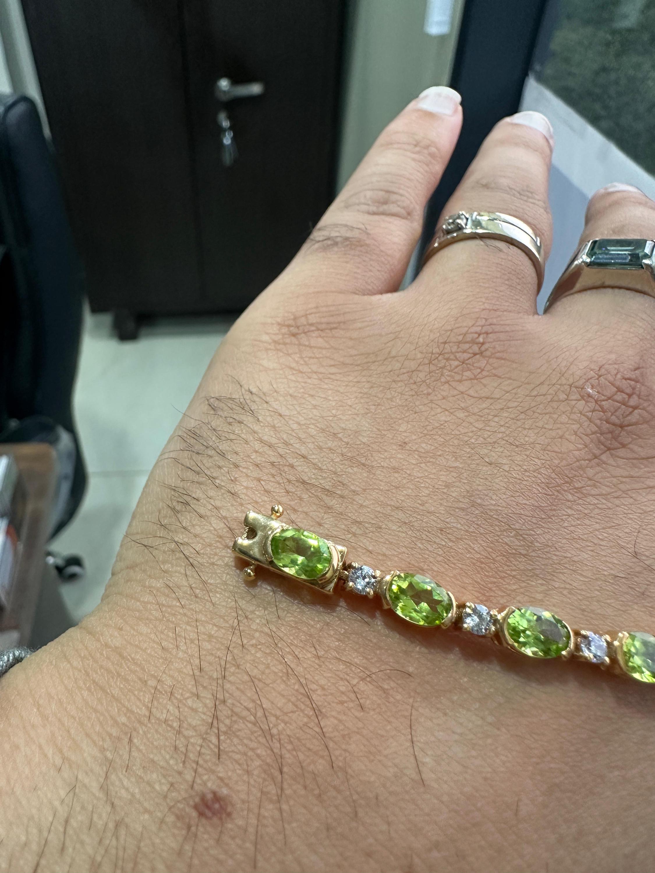 14K Yellow Gold Peridot Tennis Bracelet, Oval Gemstone Moissanite Accents