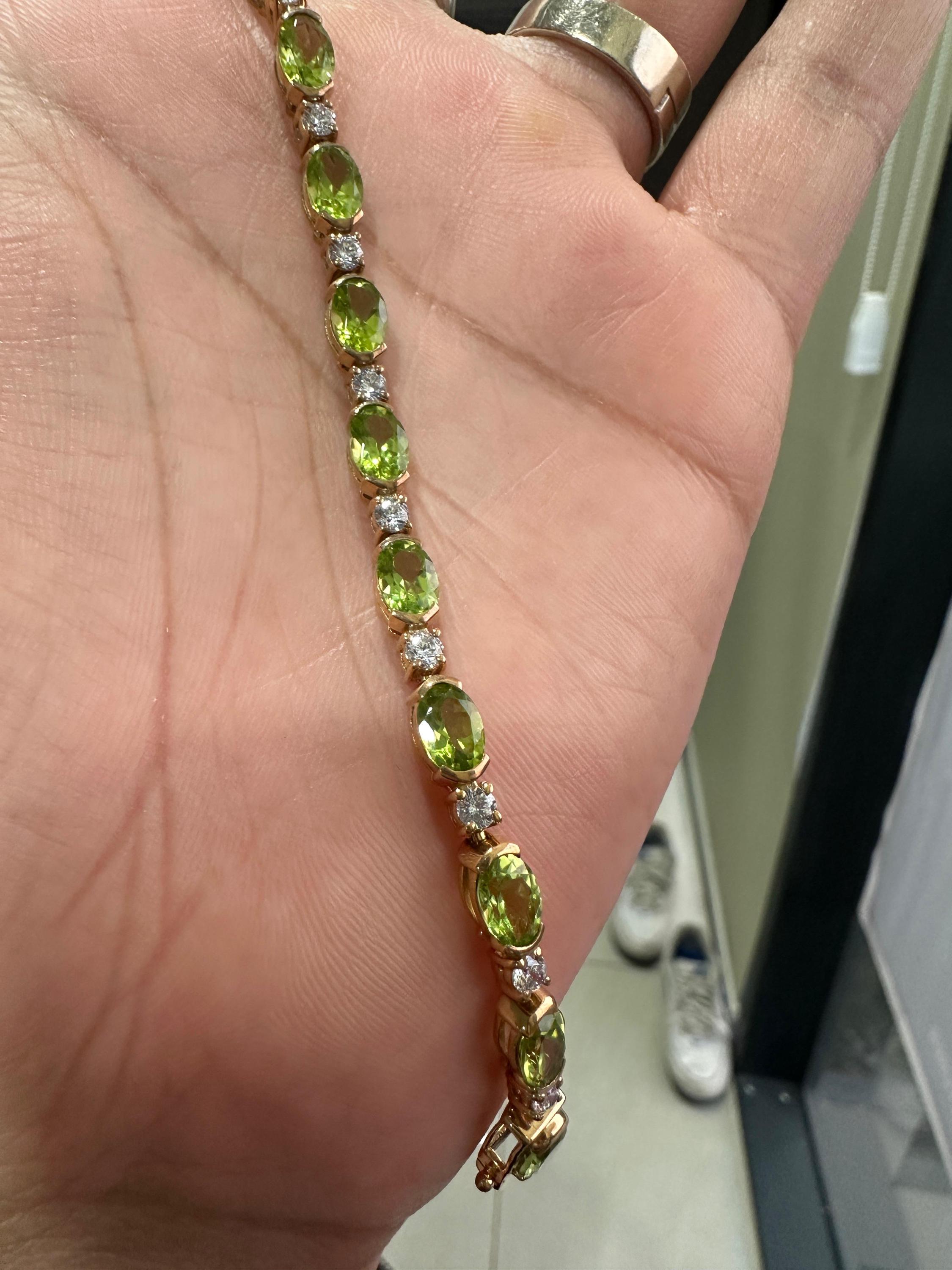 14K Yellow Gold Peridot Tennis Bracelet, Oval Gemstone Moissanite Accents
