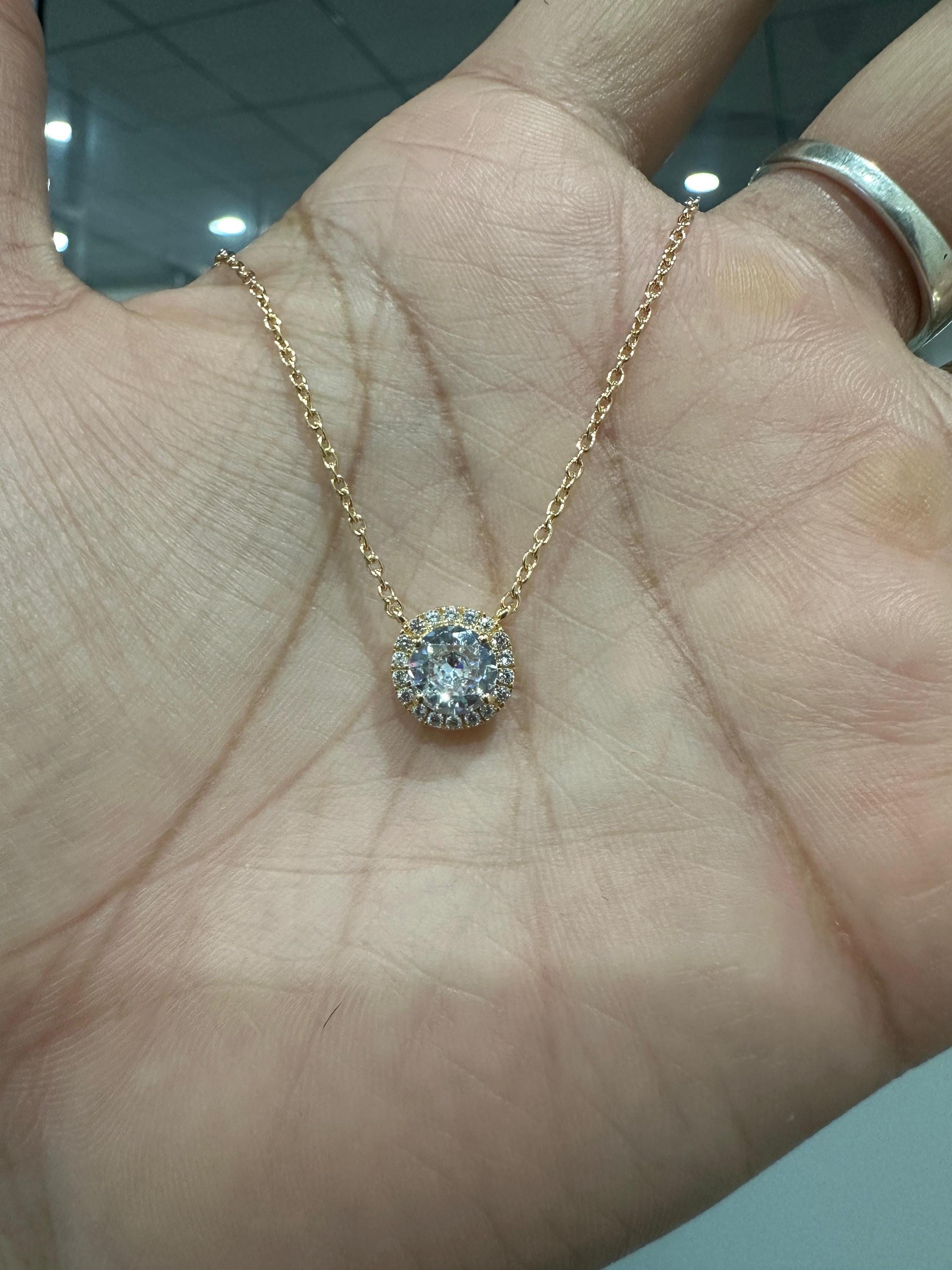 Minimal Moissanite Halo Pendant 14K Yellow Gold, 1 CT Round Moissanite Necklace for her