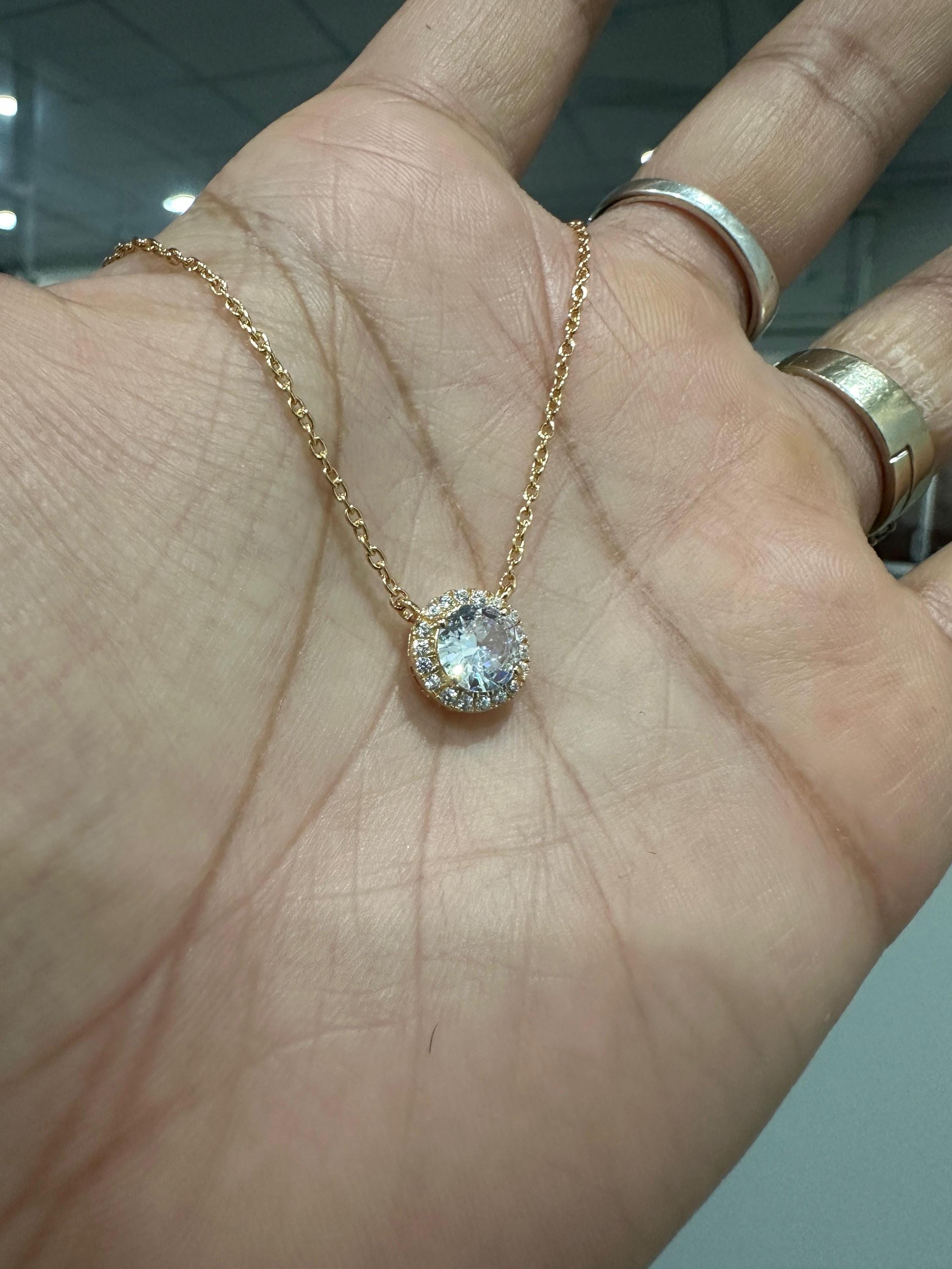 Minimal Moissanite Halo Pendant 14K Yellow Gold, 1 CT Round Moissanite Necklace for her