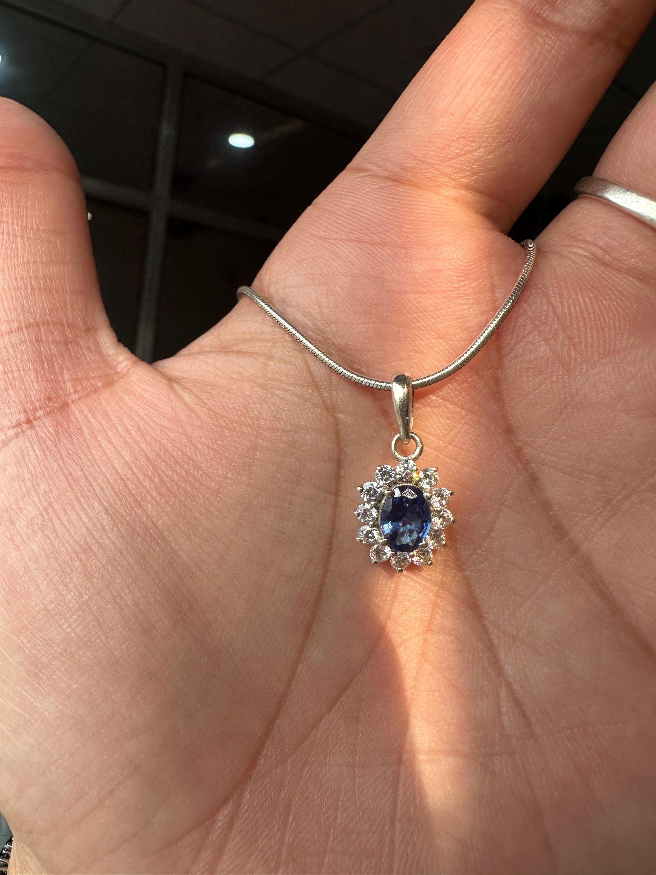 Oval Sapphire Moissanite Halo Pendant Necklace, 925 Sterling Silver Sunflower Jewelry