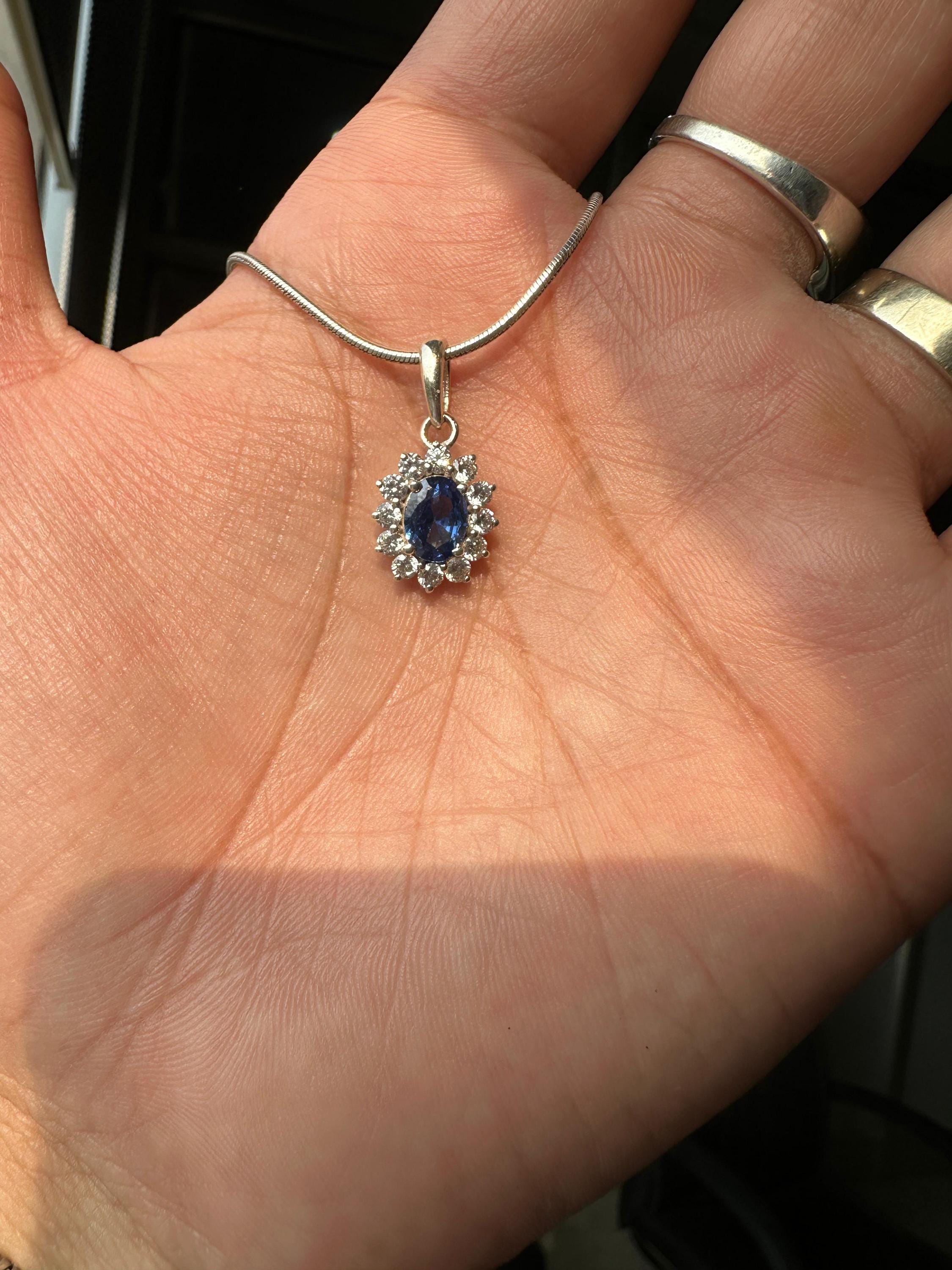 Oval Sapphire Moissanite Halo Pendant Necklace, 925 Sterling Silver Sunflower Jewelry