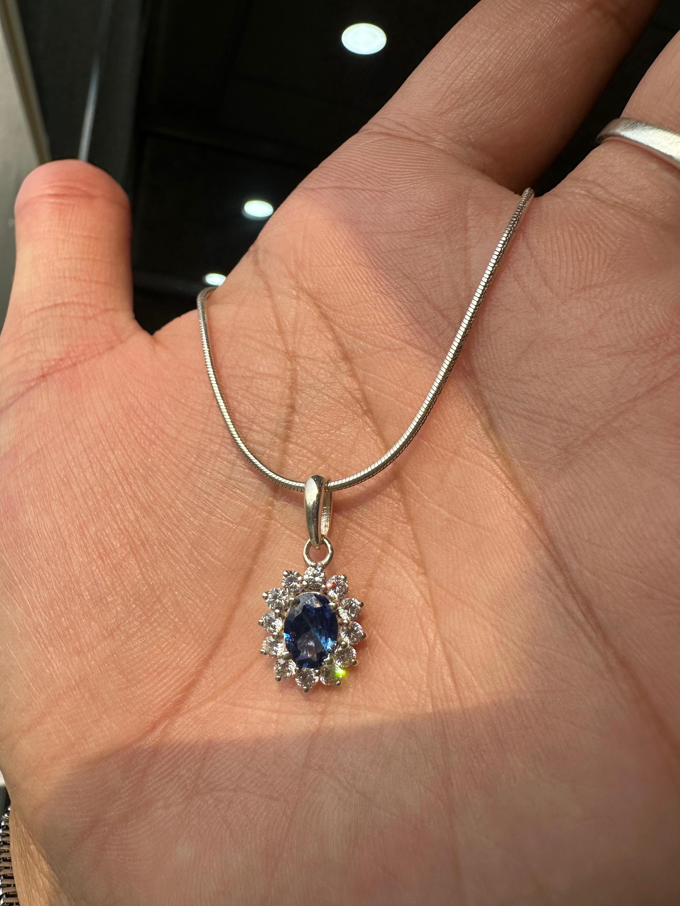 Oval Sapphire Moissanite Halo Pendant Necklace, 925 Sterling Silver Sunflower Jewelry