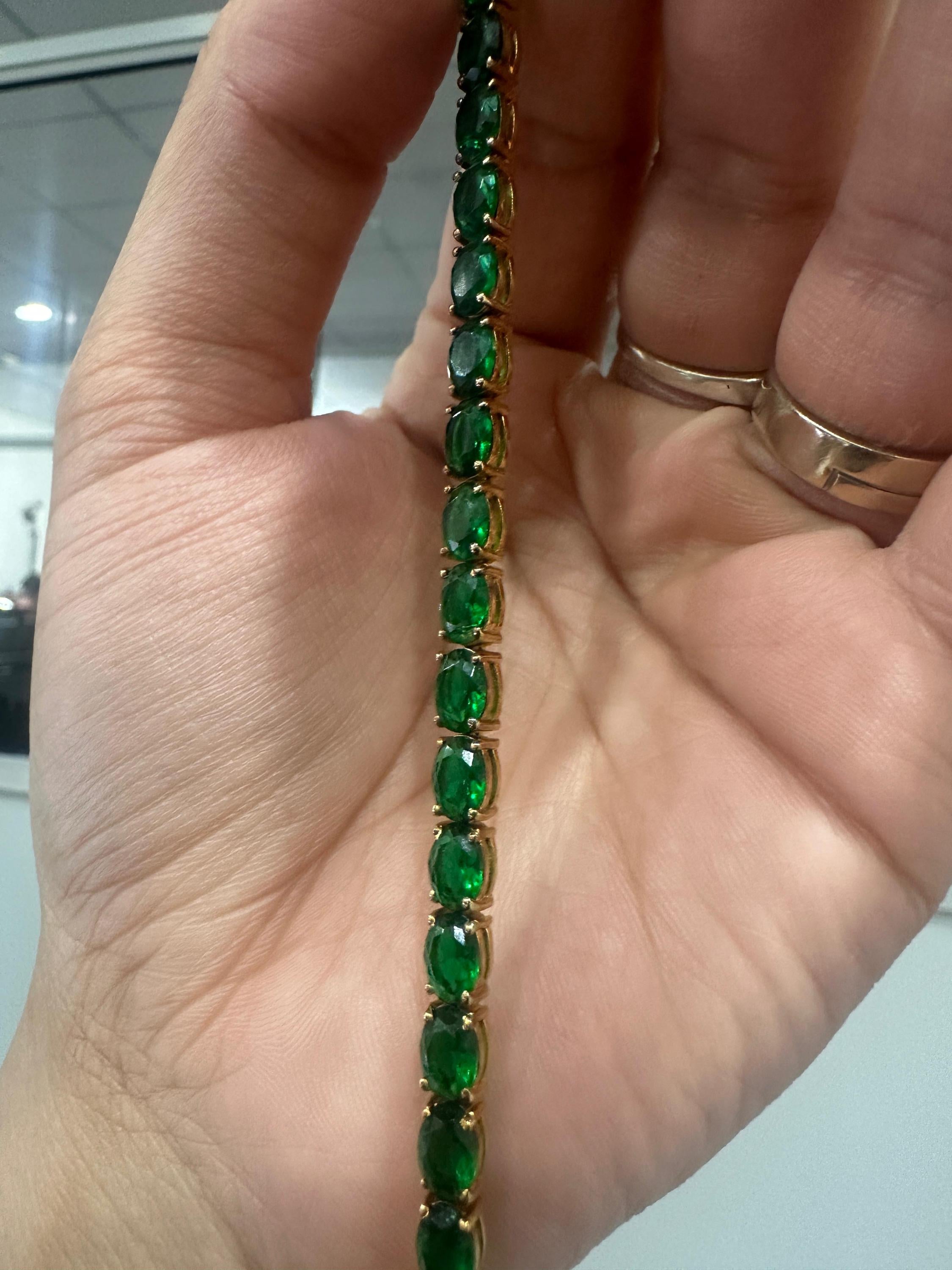 Zambian Emerald Oval Cut Tennis Bracelet | 14K Yellow Gold Finish, 22 CT