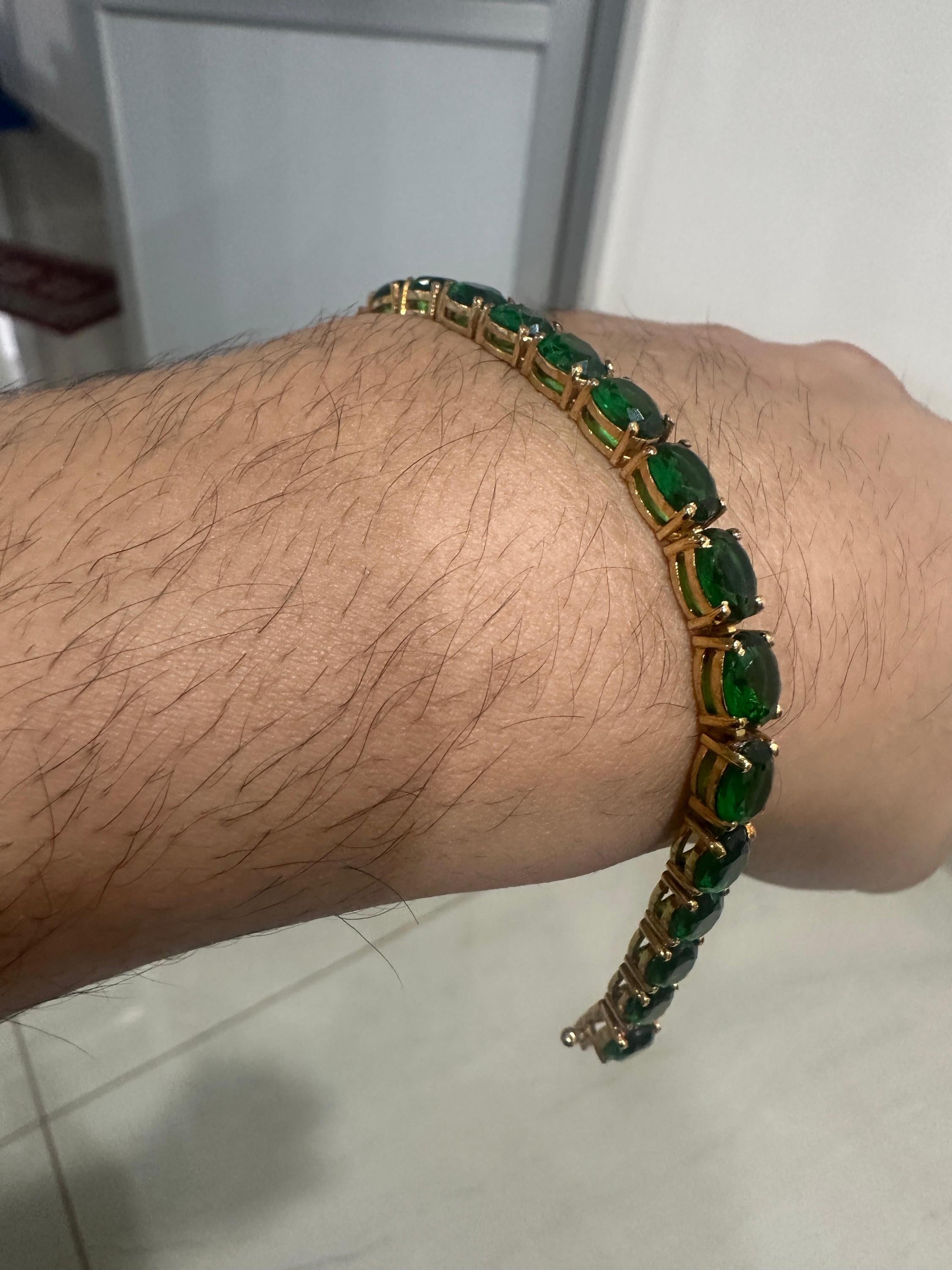 Zambian Emerald Oval Cut Tennis Bracelet | 14K Yellow Gold Finish, 22 CT