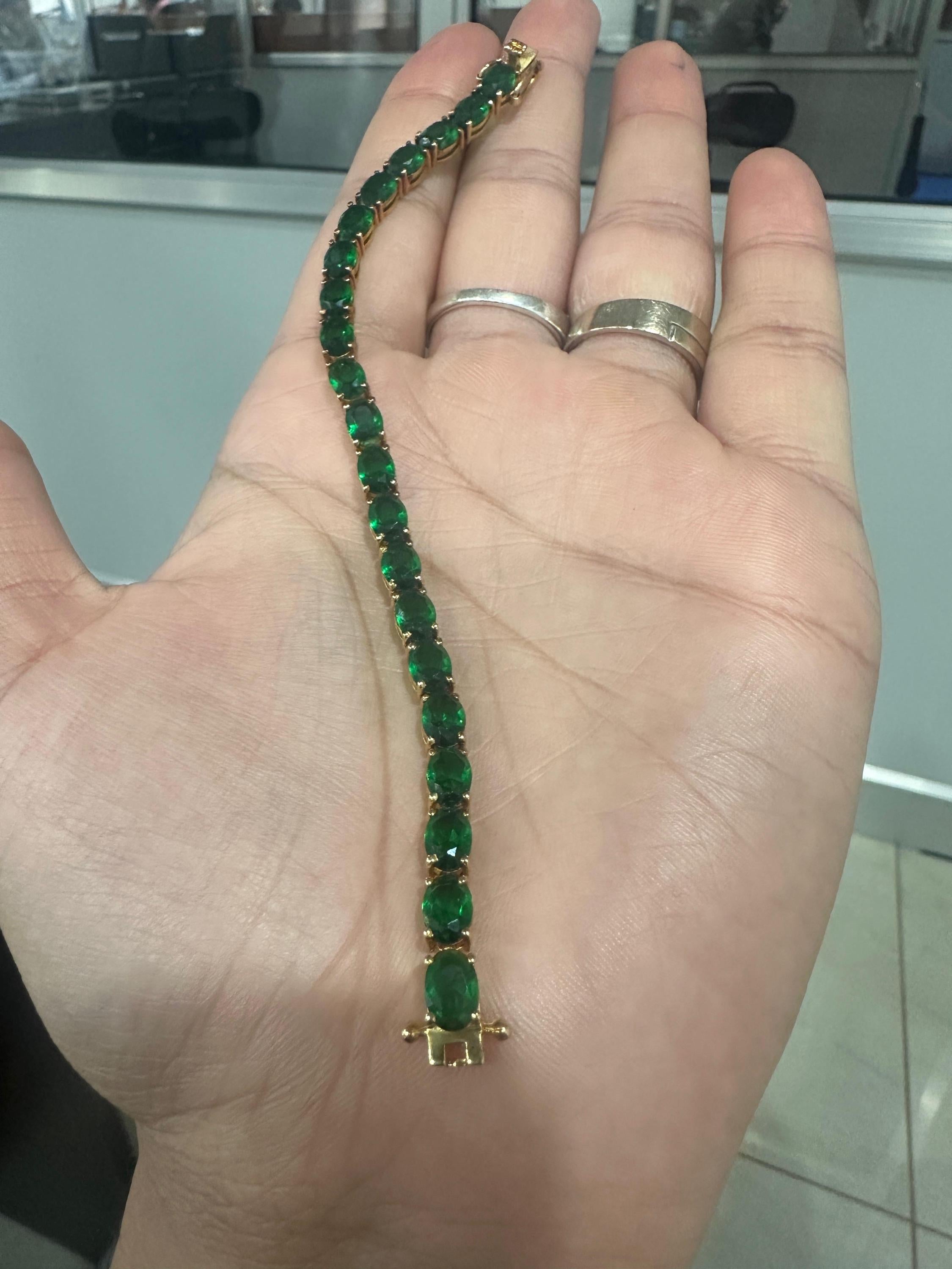 Zambian Emerald Oval Cut Tennis Bracelet | 14K Yellow Gold Finish, 22 CT