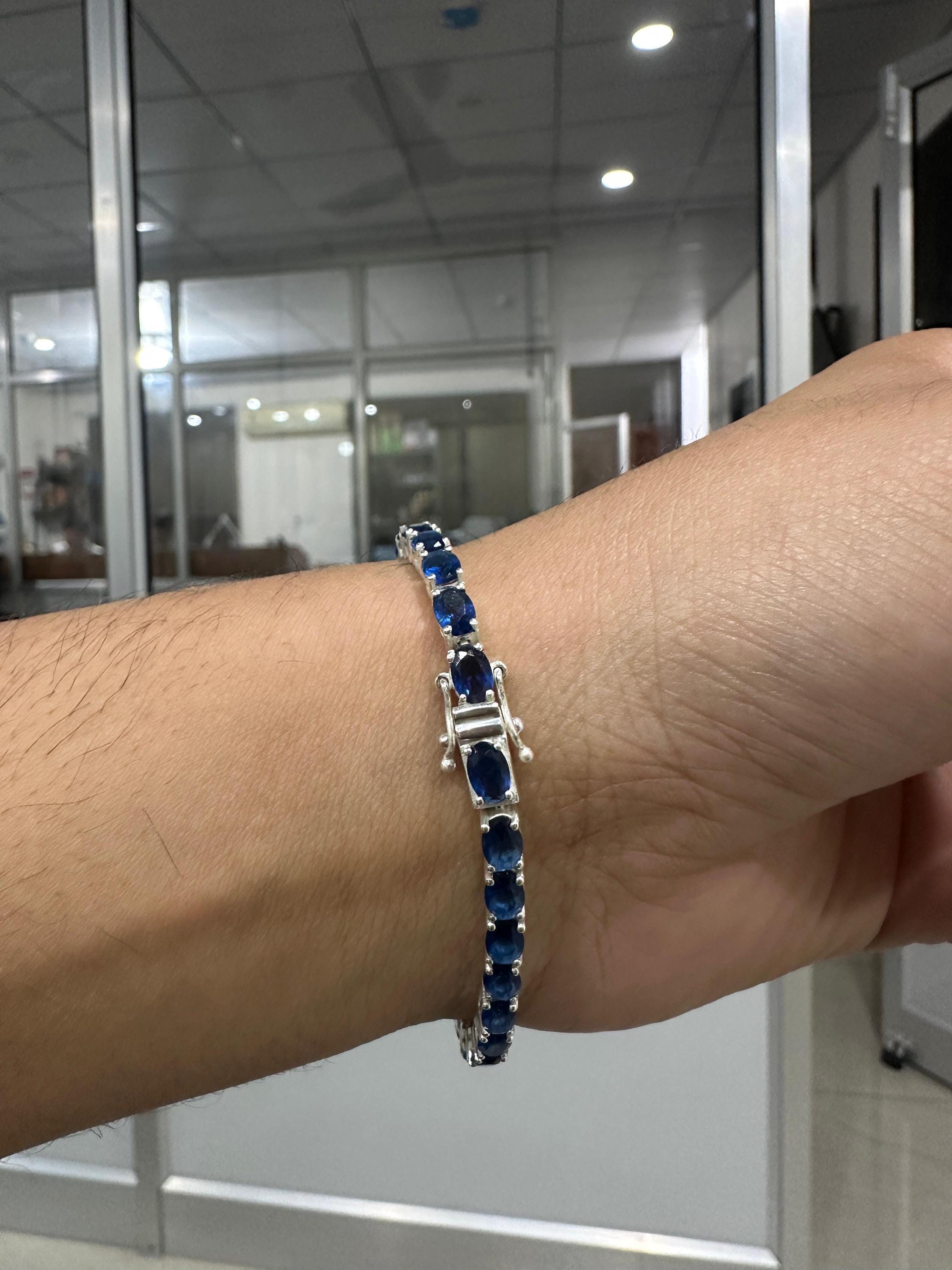 Blue Sapphire Tennis Bracelet | Oval Cut, 925 Sterling Silver Men's Bracelet, 20 CT