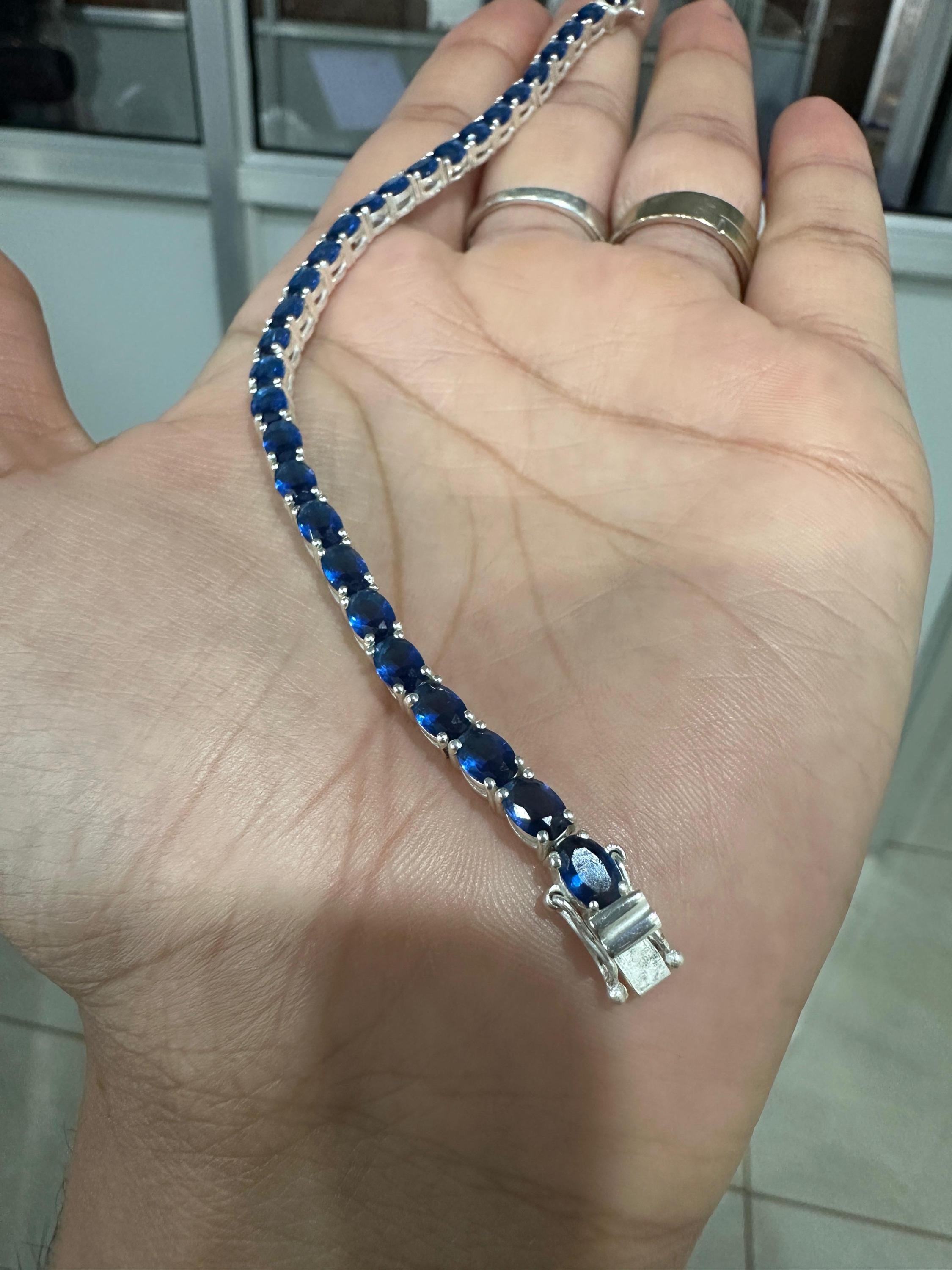 Blue Sapphire Tennis Bracelet | Oval Cut, 925 Sterling Silver Men's Bracelet, 20 CT