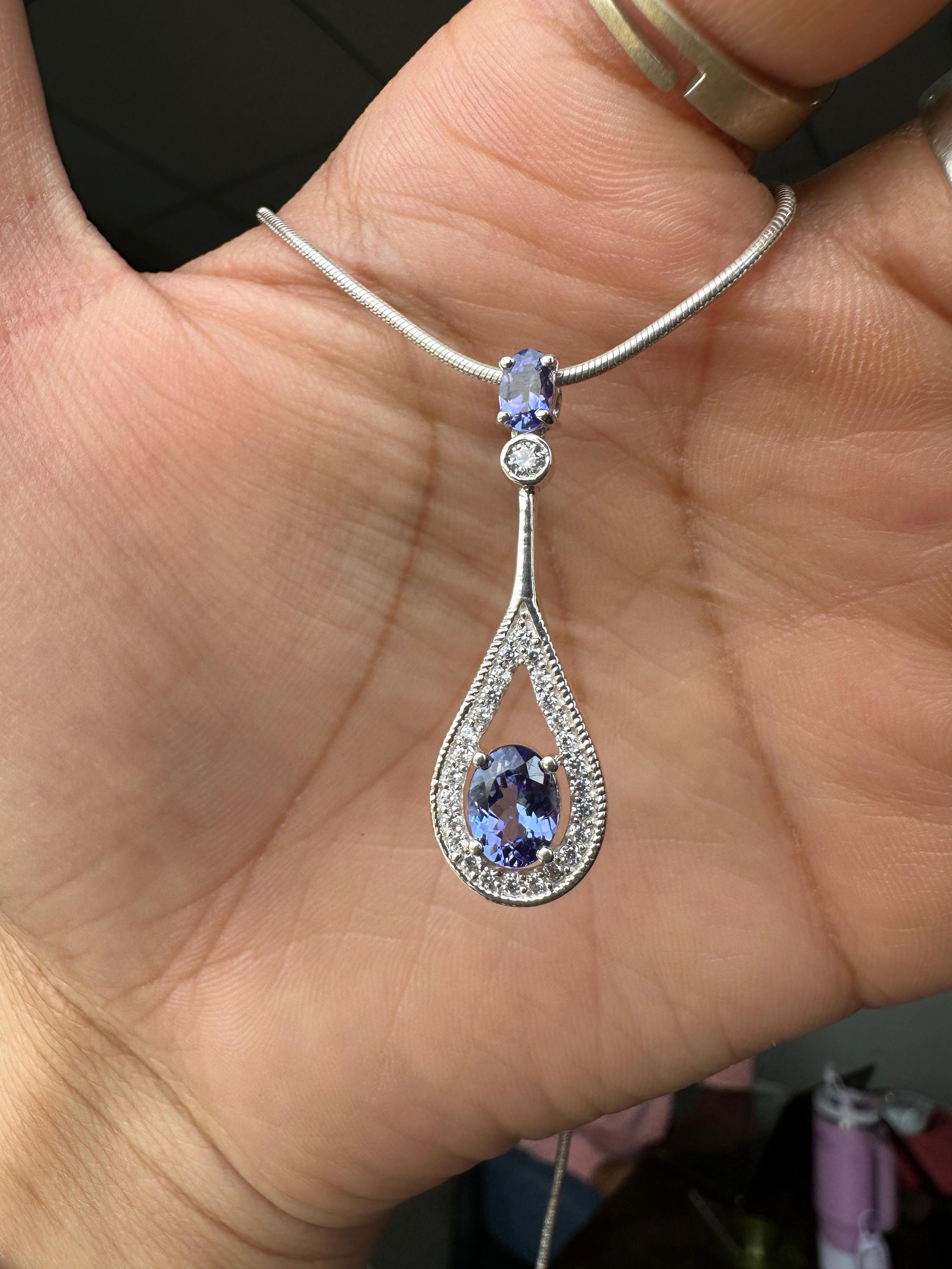 Unique Tanzanite Drop Pendant Necklace | 14k White Gold | Christmas Gift for her