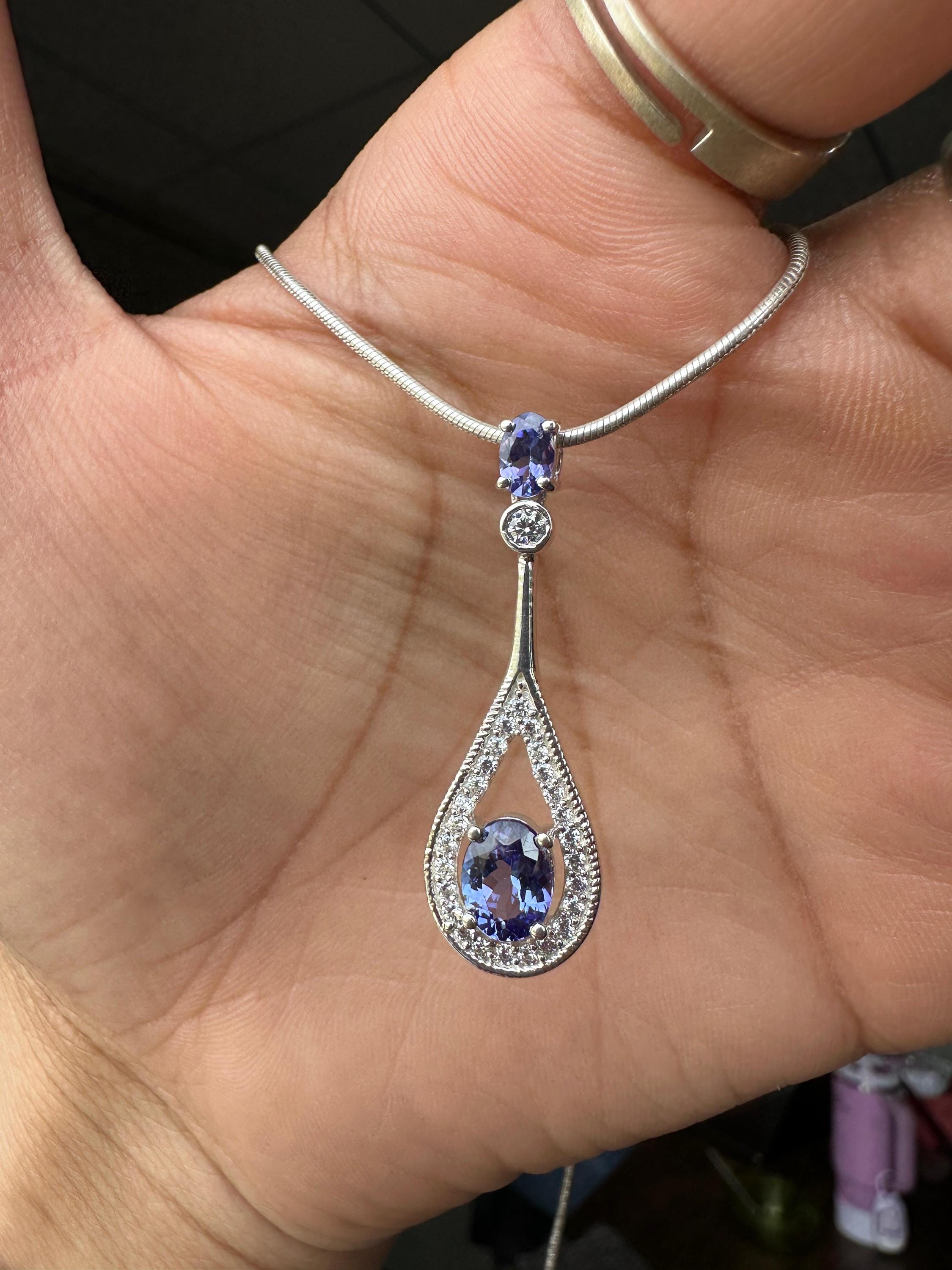 Unique Tanzanite Drop Pendant Necklace | 14k White Gold | Christmas Gift for her