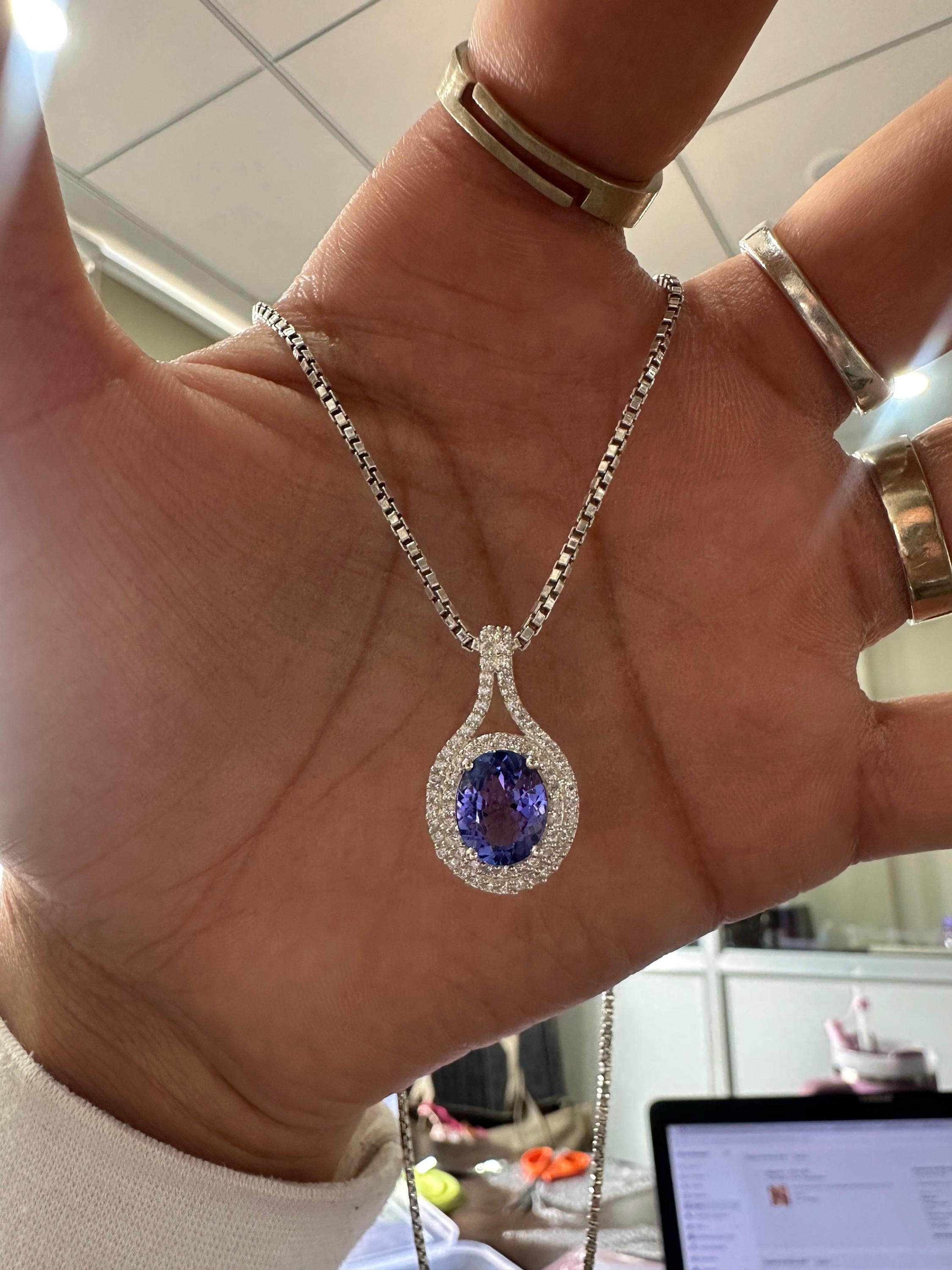 Rare Blue Tanzanite Diamond Halo Pendant Necklace | 14k White Gold, 3 CT Oval Tanzanite