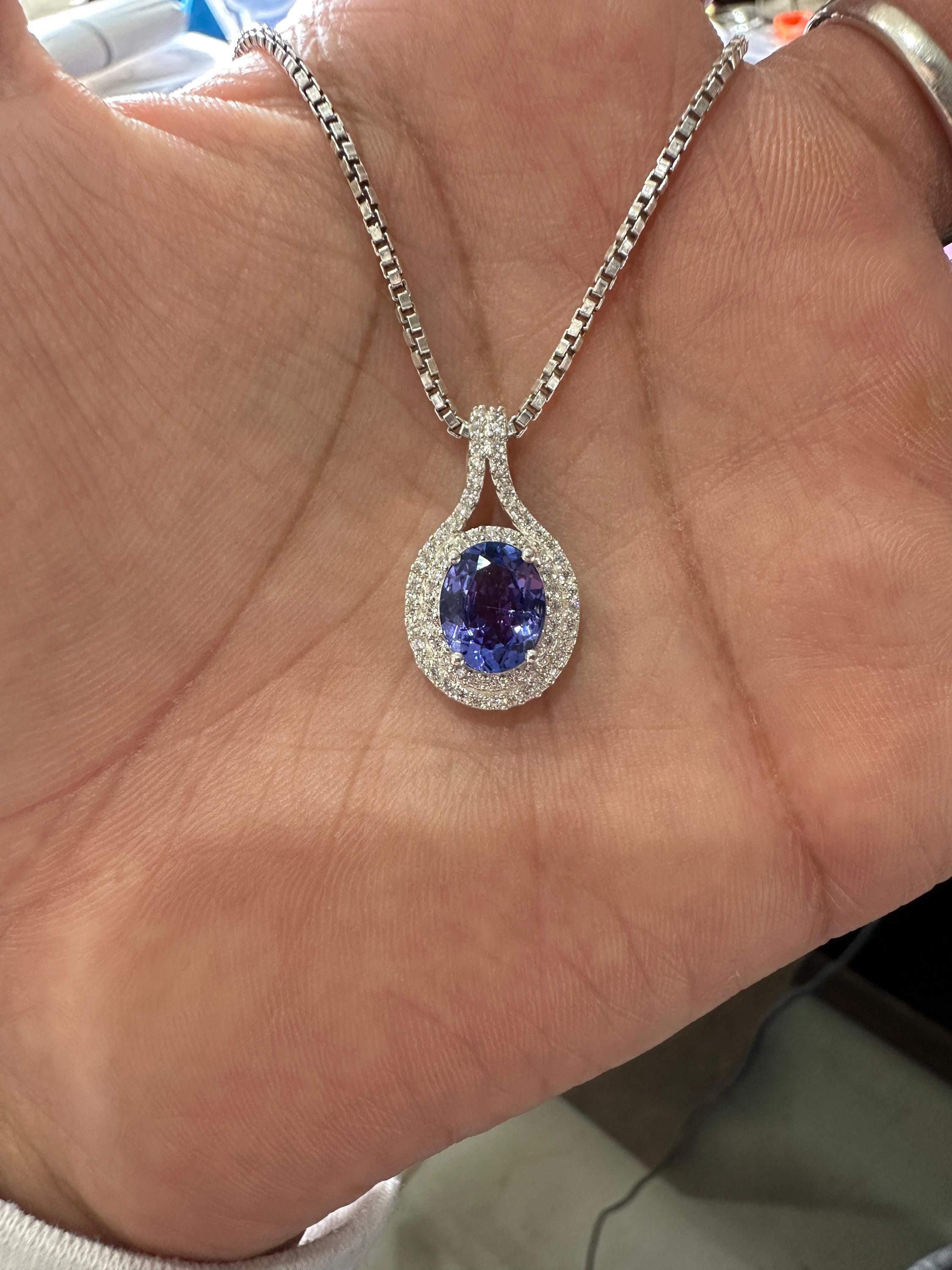 Rare Blue Tanzanite Diamond Halo Pendant Necklace | 14k White Gold, 3 CT Oval Tanzanite
