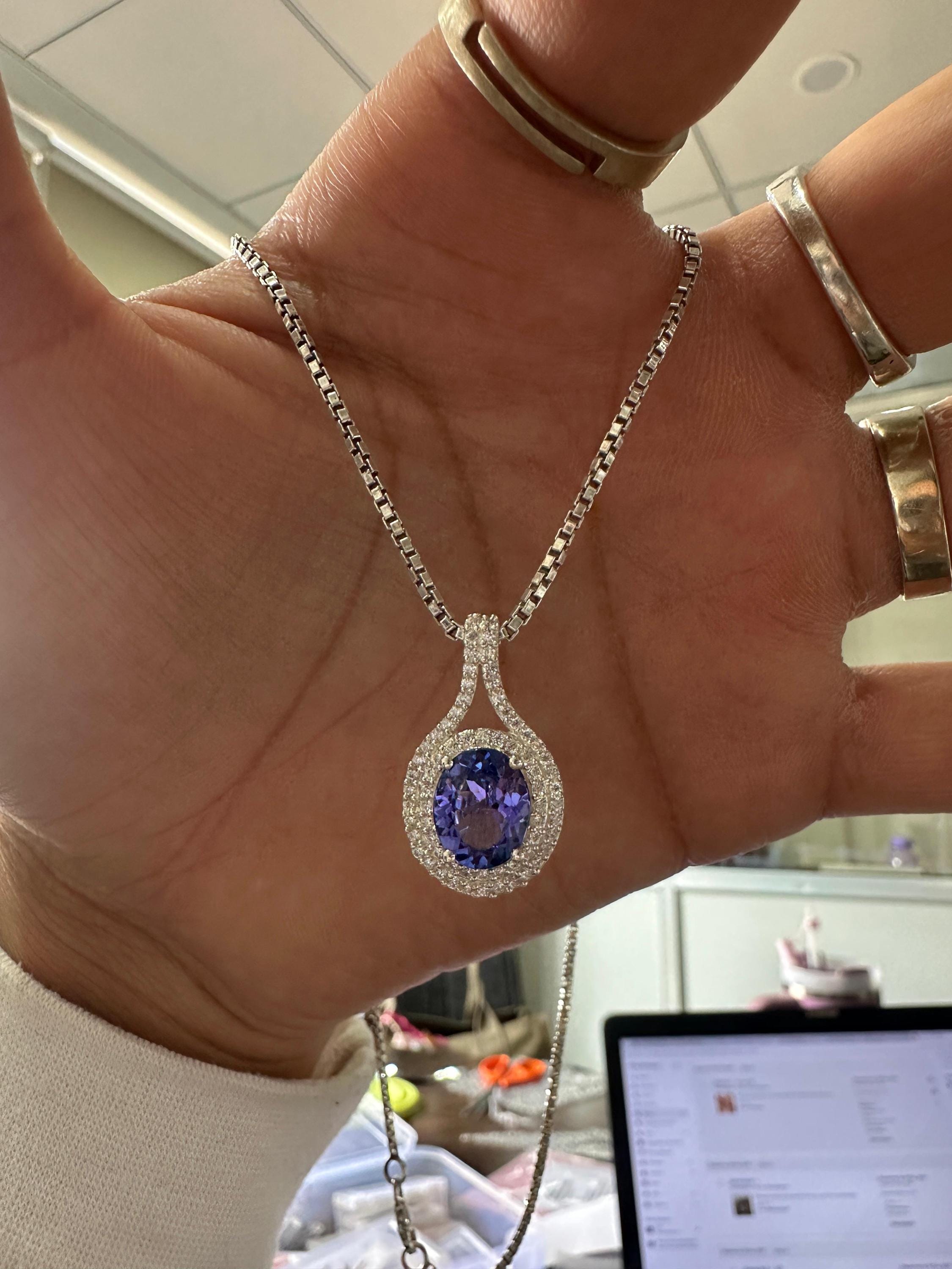 Rare Blue Tanzanite Diamond Halo Pendant Necklace | 14k White Gold, 3 CT Oval Tanzanite