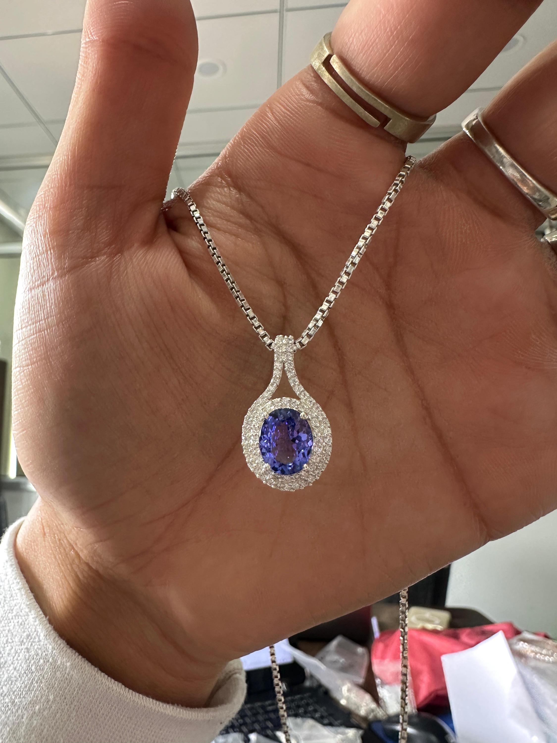 Rare Blue Tanzanite Diamond Halo Pendant Necklace | 14k White Gold, 3 CT Oval Tanzanite
