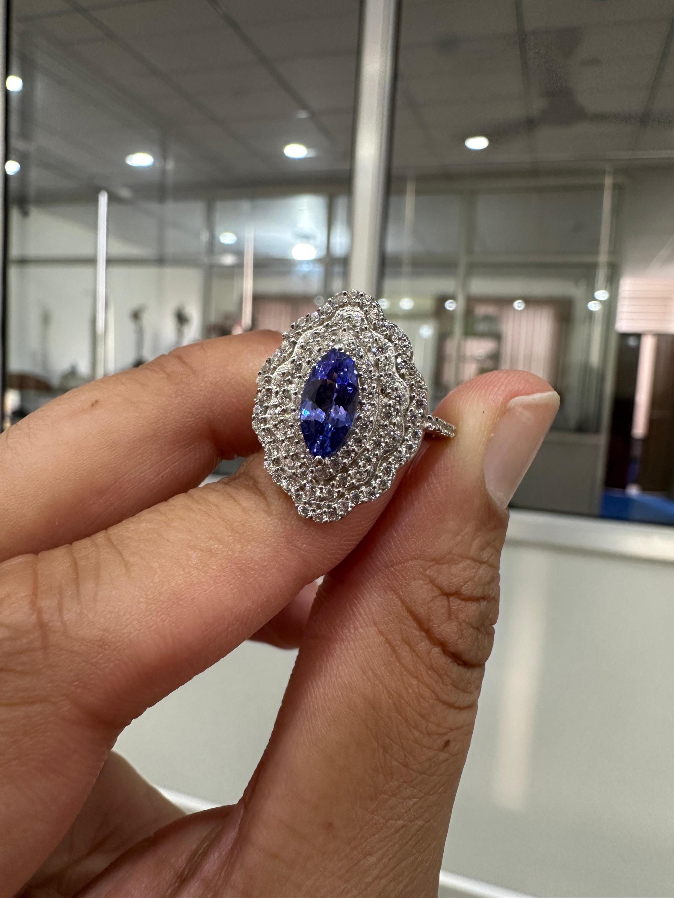 Marquise Tanzanite Halo Engagement Ring, 1.65 CT Blue Purple Gemstone, Moissanite Accents
