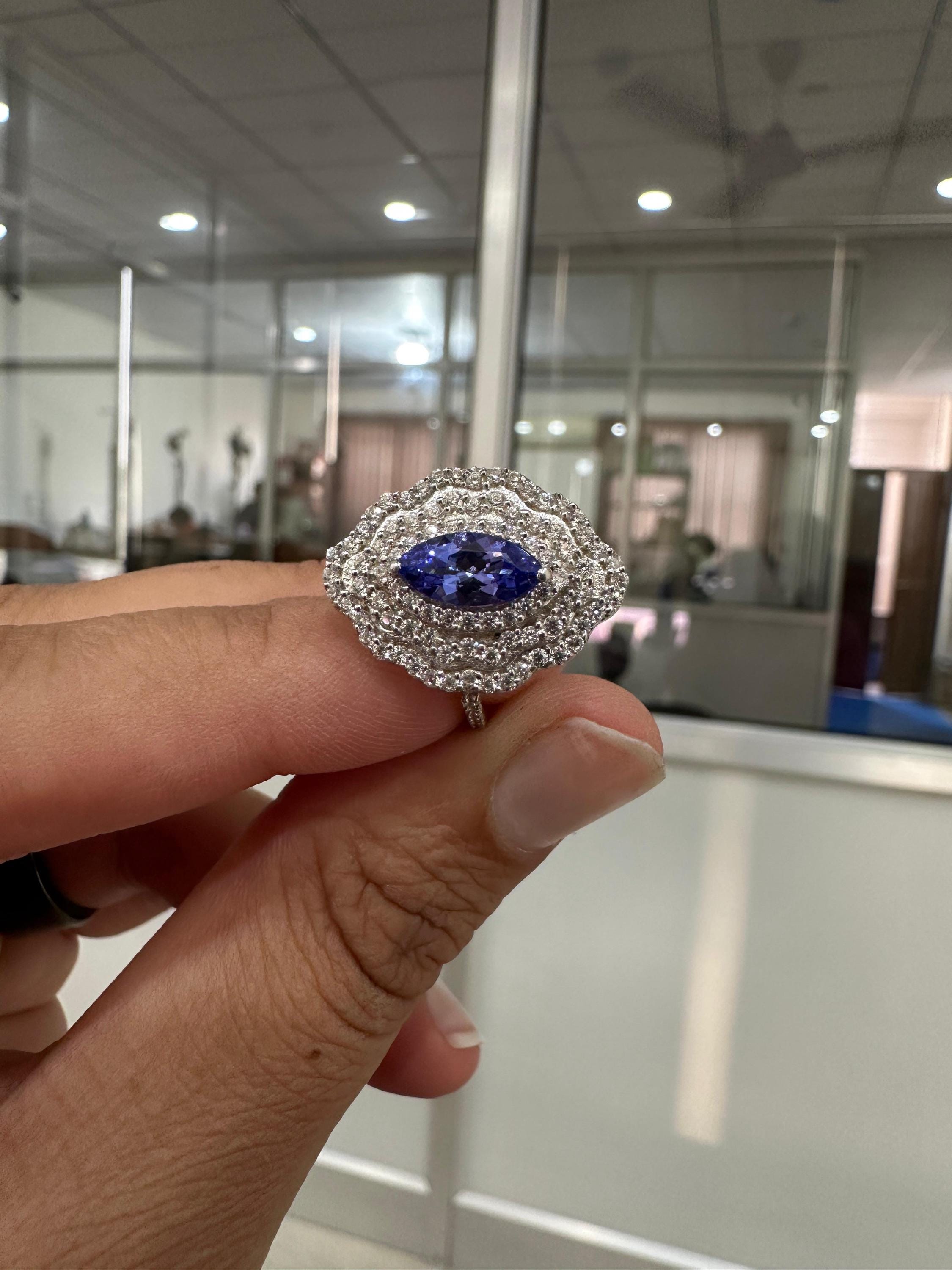 Marquise Tanzanite Halo Engagement Ring, 1.65 CT Blue Purple Gemstone, Moissanite Accents
