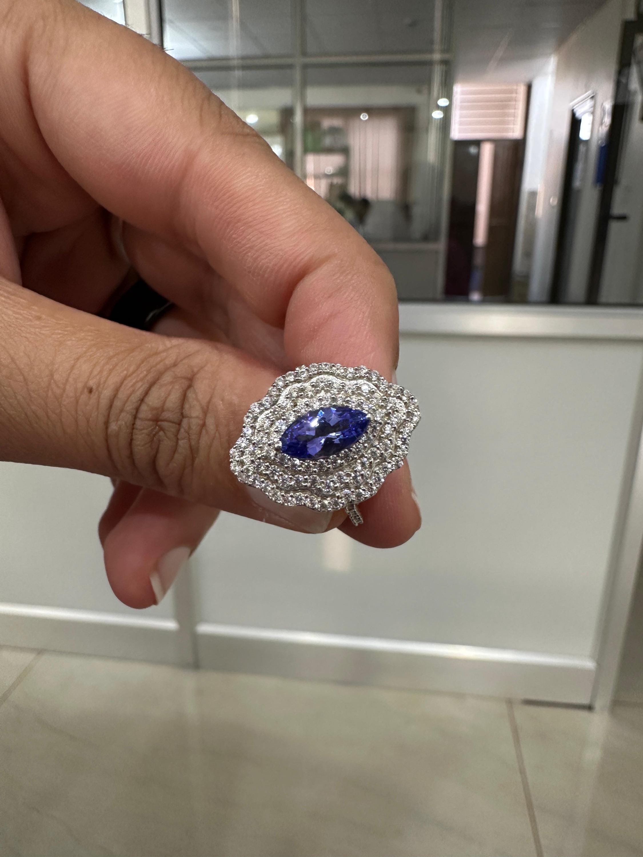 Marquise Tanzanite Halo Engagement Ring, 1.65 CT Blue Purple Gemstone, Moissanite Accents