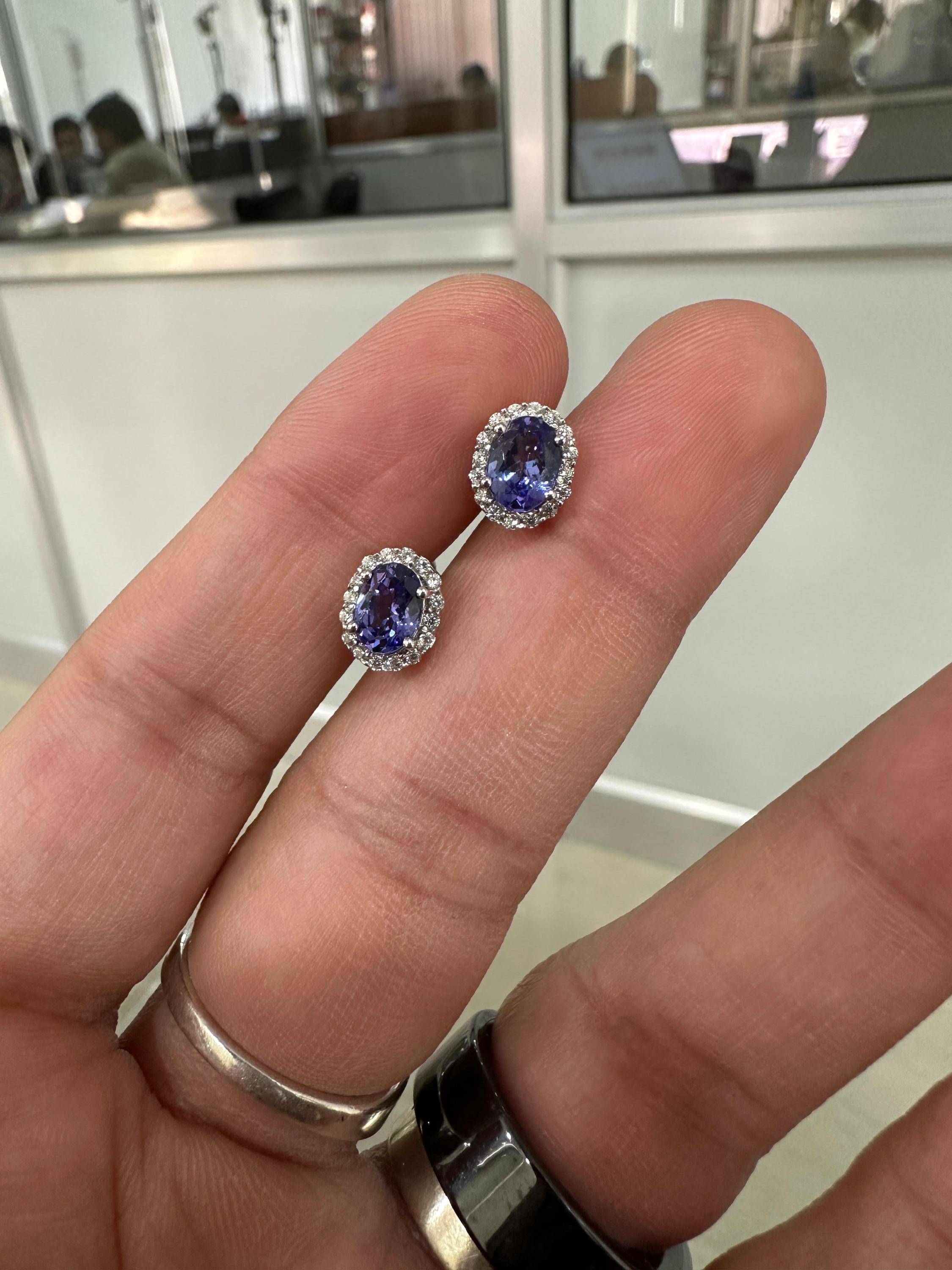 Oval Tanzanite Halo Stud Earrings | 14K White Gold, Moissanite Accents