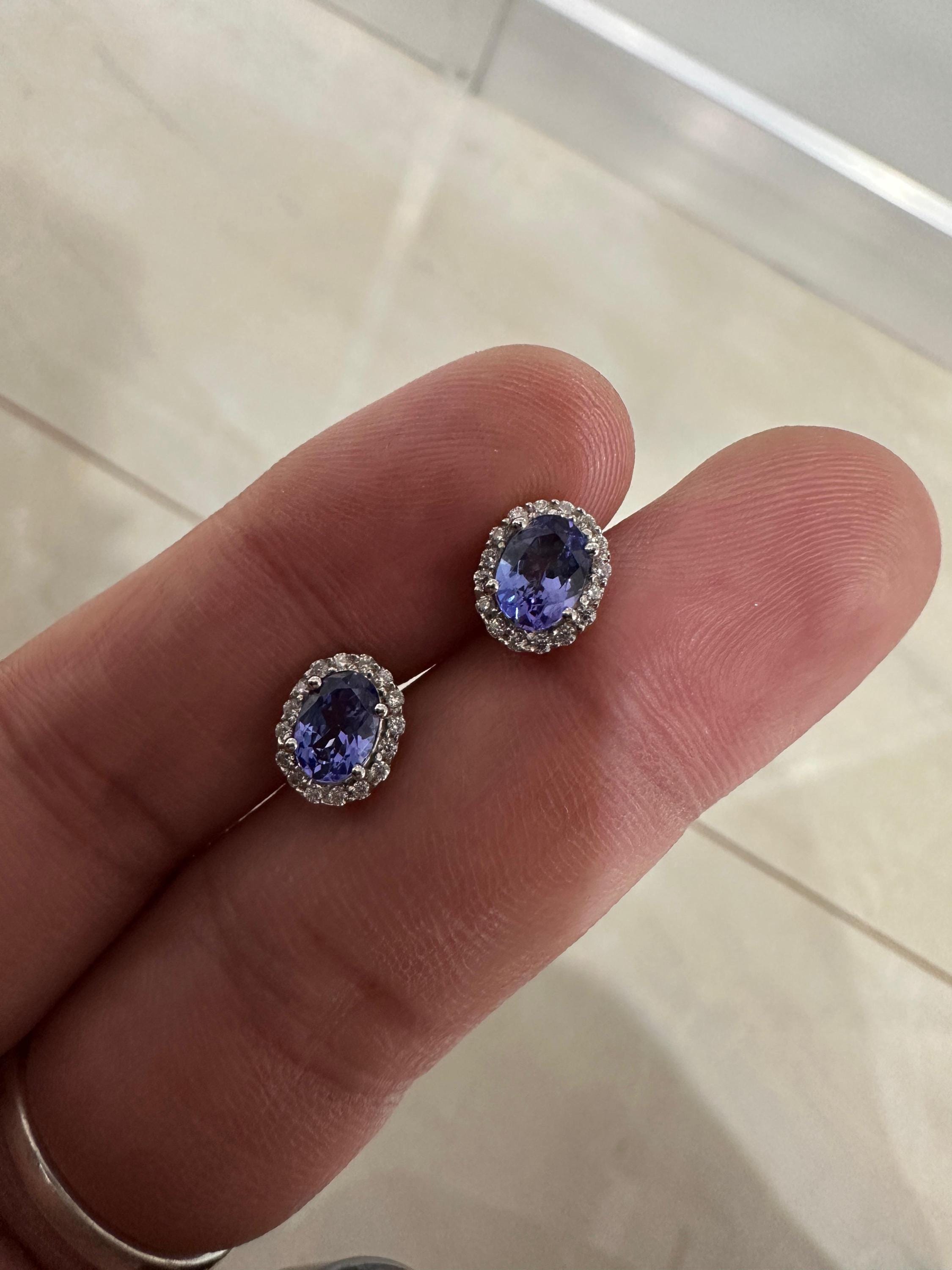 Oval Tanzanite Halo Stud Earrings | 14K White Gold, Moissanite Accents