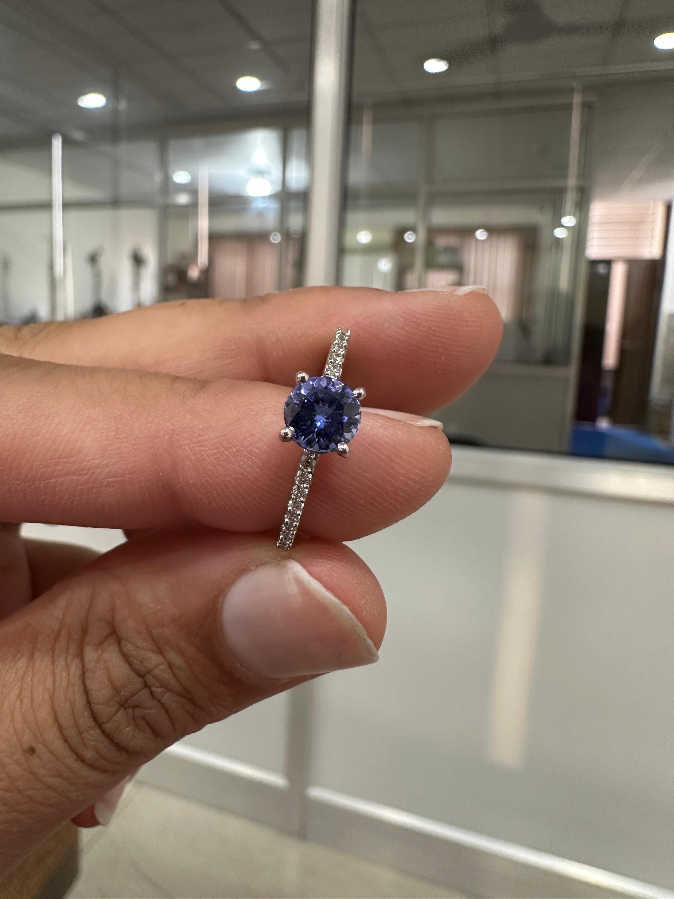 Round cut Tanzanite Diamond Engagement Ring | 14K White Gold | Anniversary Gift for her