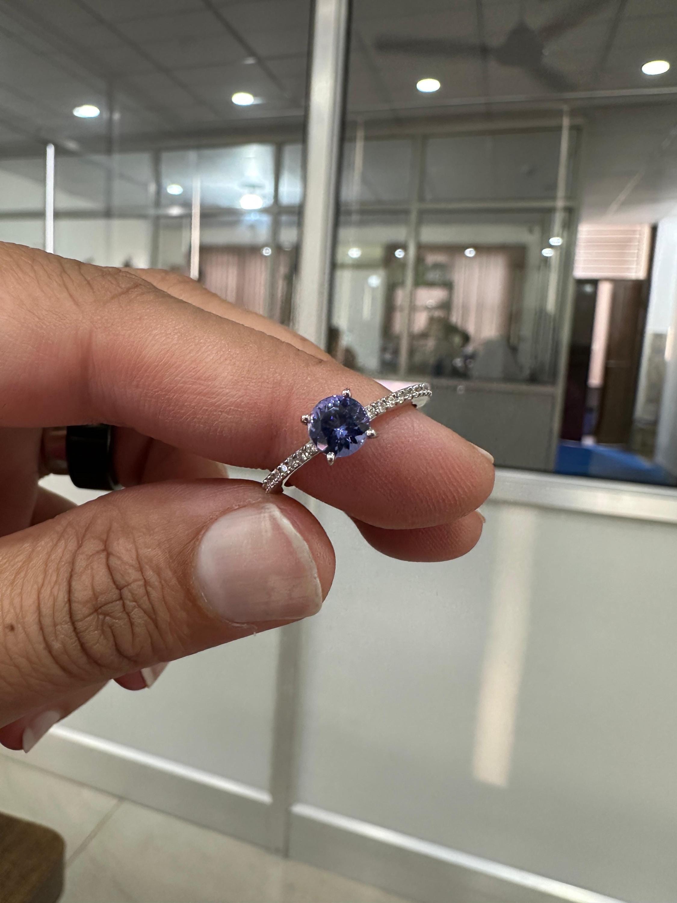 Round cut Tanzanite Diamond Engagement Ring | 14K White Gold | Anniversary Gift for her