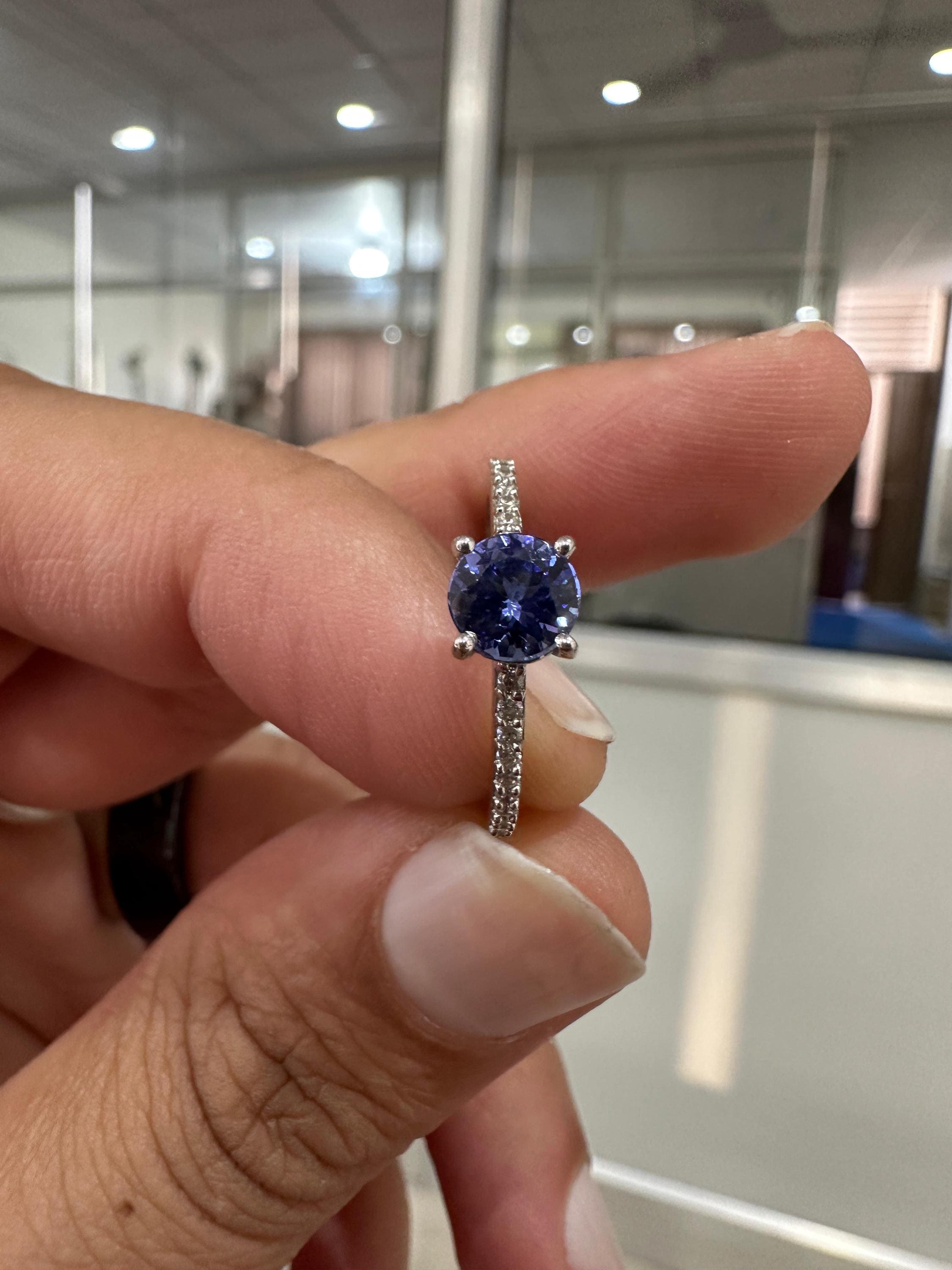 Round cut Tanzanite Diamond Engagement Ring | 14K White Gold | Anniversary Gift for her