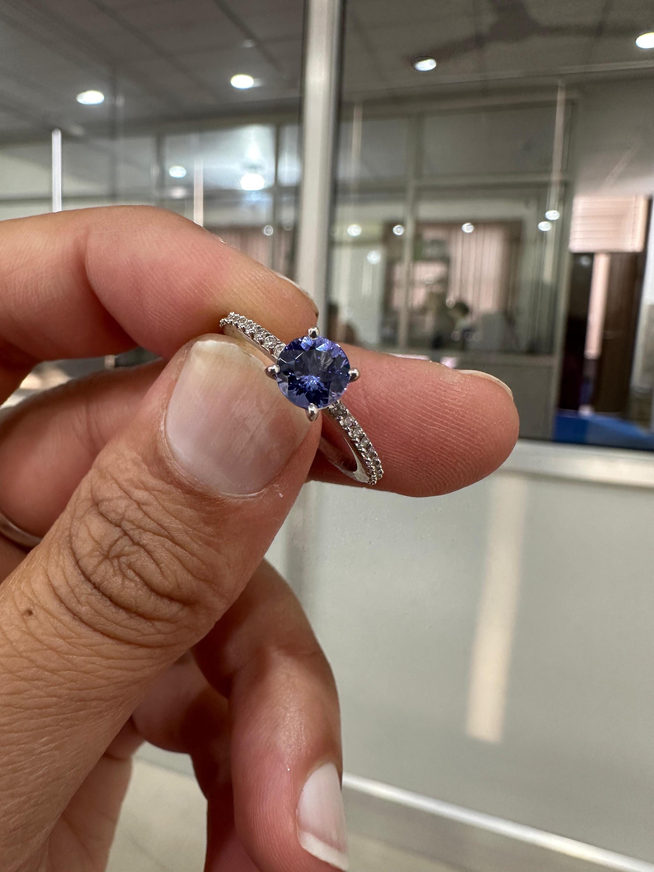 Round cut Tanzanite Diamond Engagement Ring | 14K White Gold | Anniversary Gift for her
