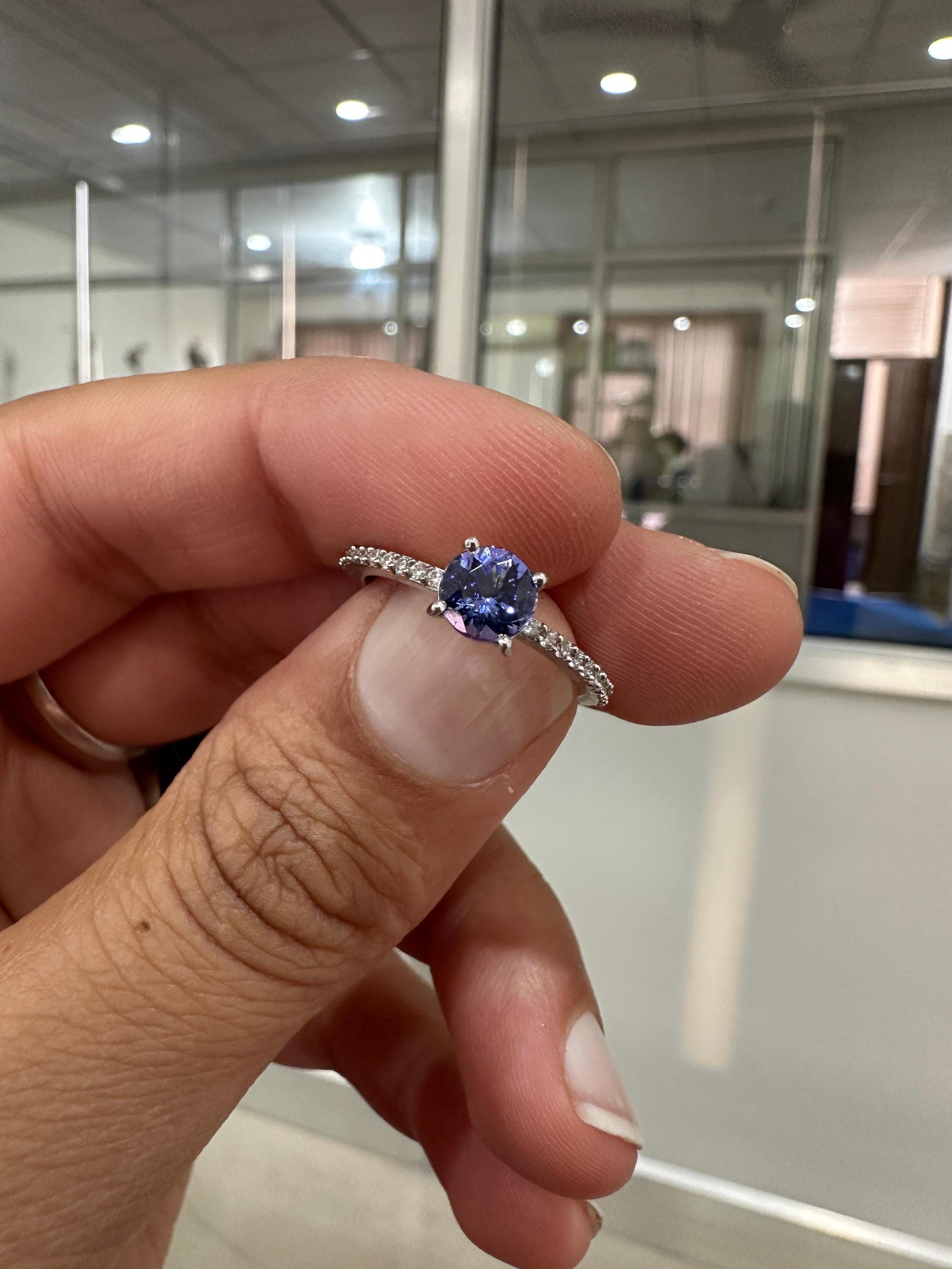 Round cut Tanzanite Diamond Engagement Ring | 14K White Gold | Anniversary Gift for her