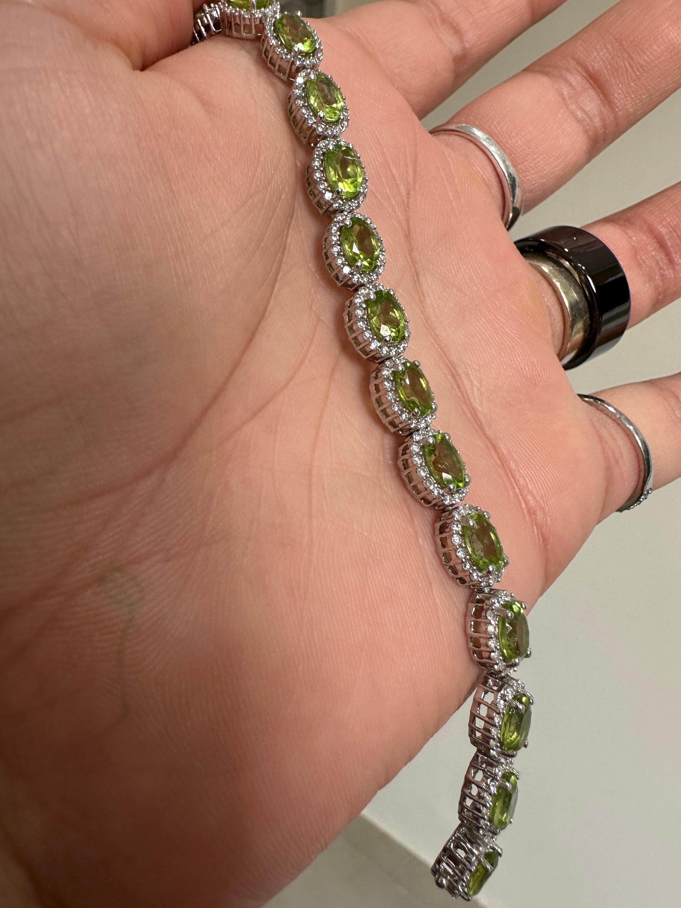 Green Peridot Halo Tennis Bracelet | 925 Sterling Silver, Fine Gemstone Jewelry for gift
