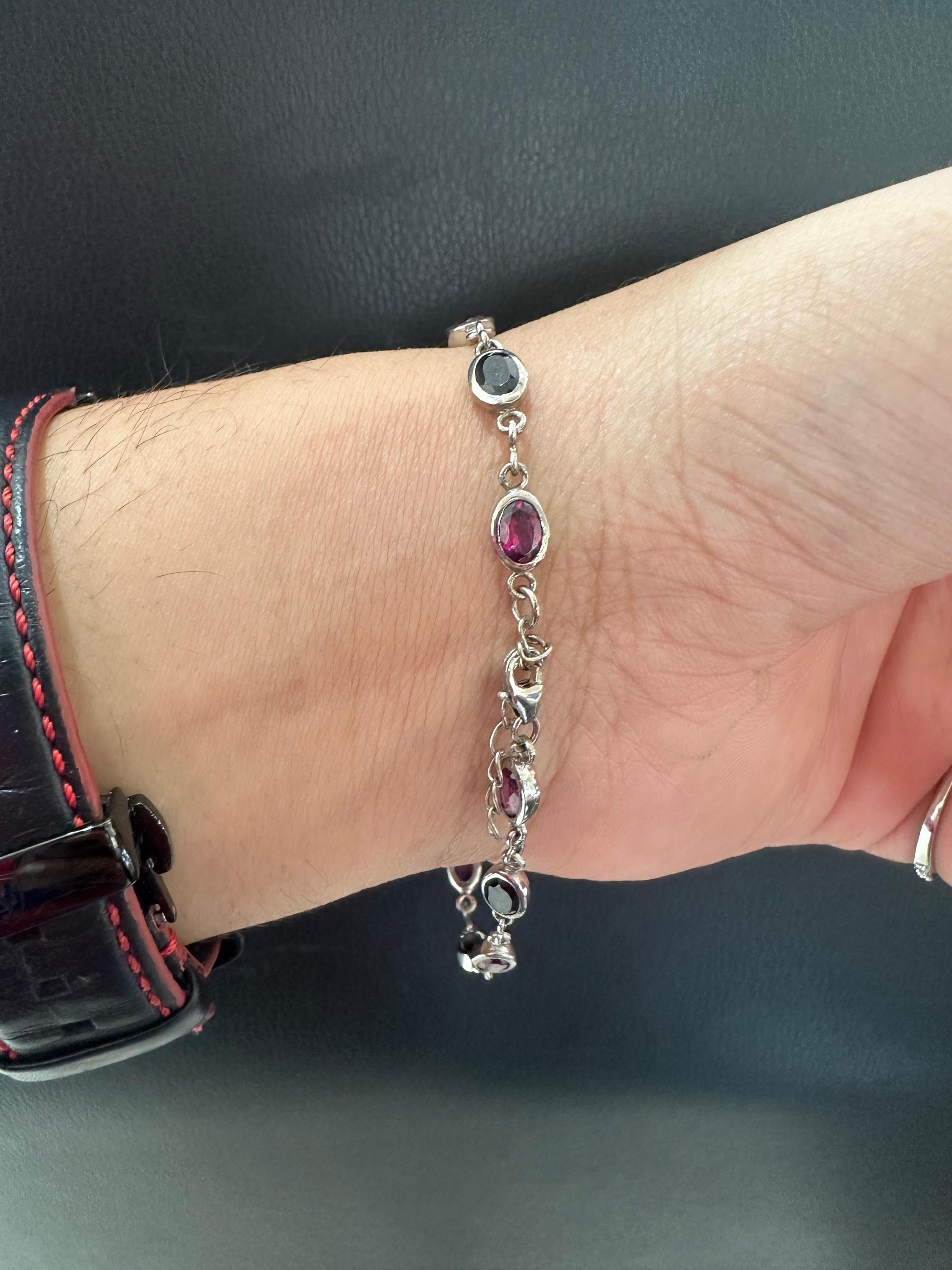 Multi Stone Rhodolite & Black Spinel Bracelet | 925 Sterling Silver, Gift for him