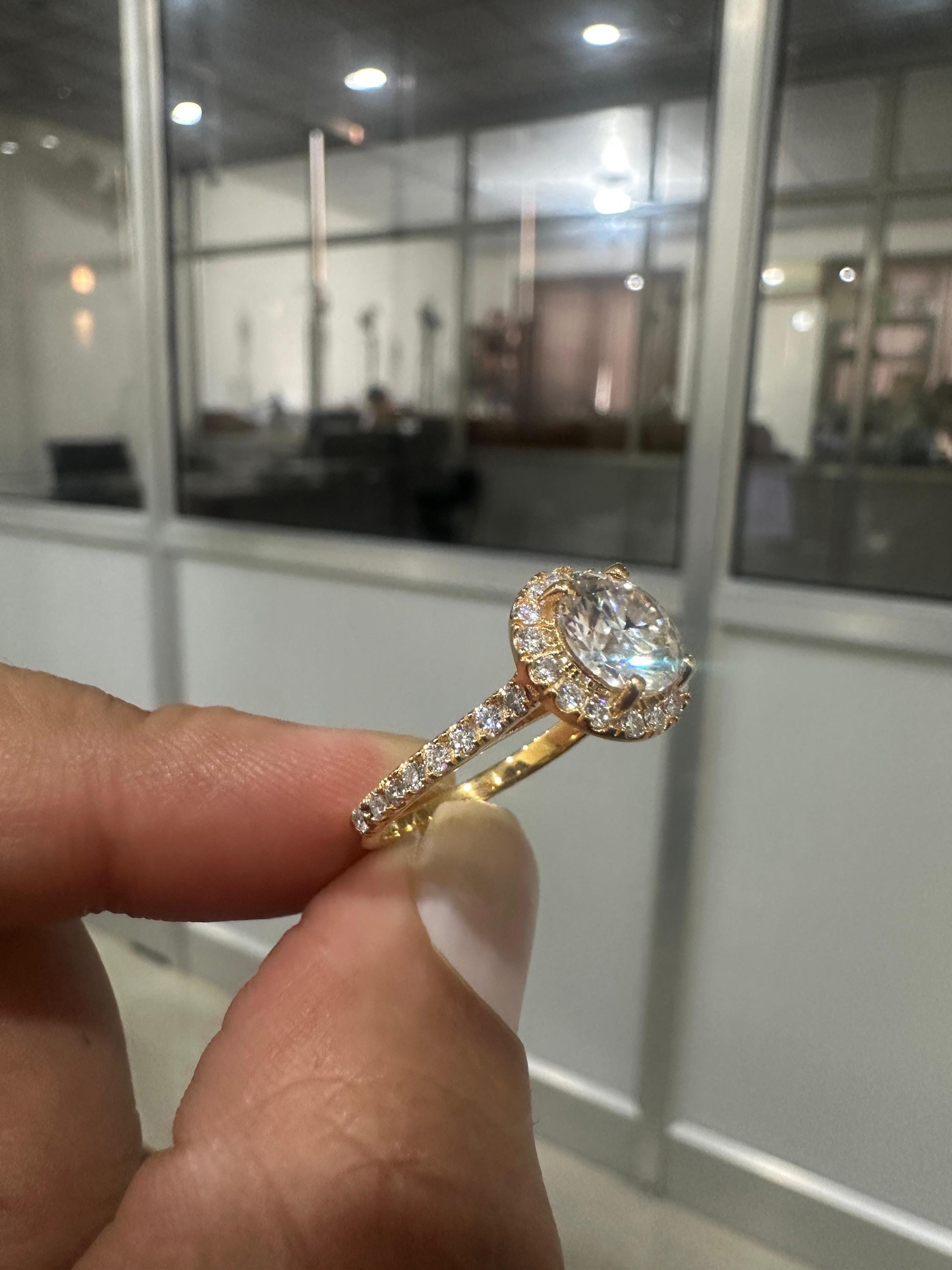 14k Yellow Gold Moissanite Halo Engagement Ring | 2 CT Wedding Ring for her