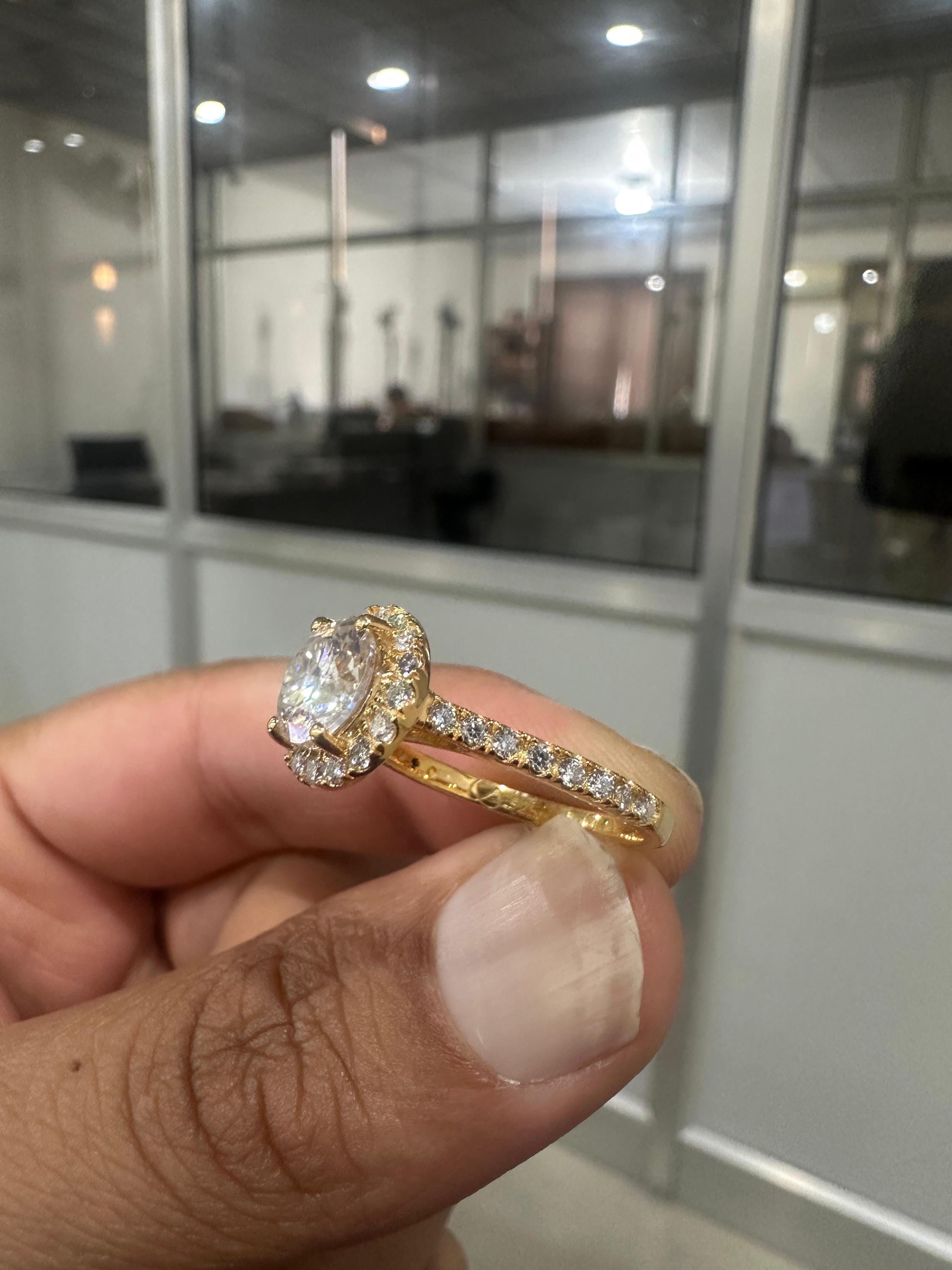 14k Yellow Gold Moissanite Halo Engagement Ring | 2 CT Wedding Ring for her