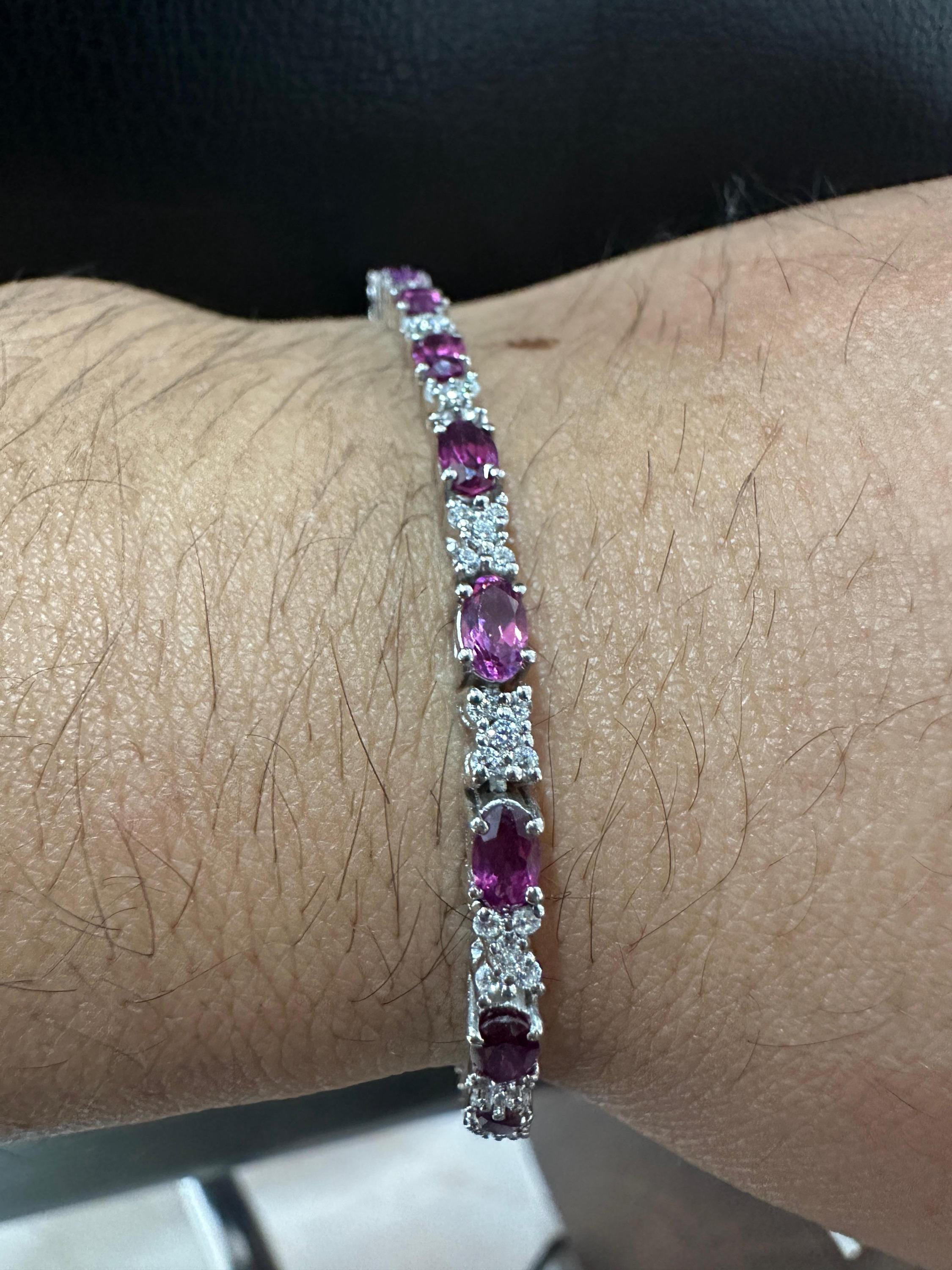 Rhodolite Garnet Tennis Bracelet | 925 Sterling Silver Diamond Accent Bridal Jewelry