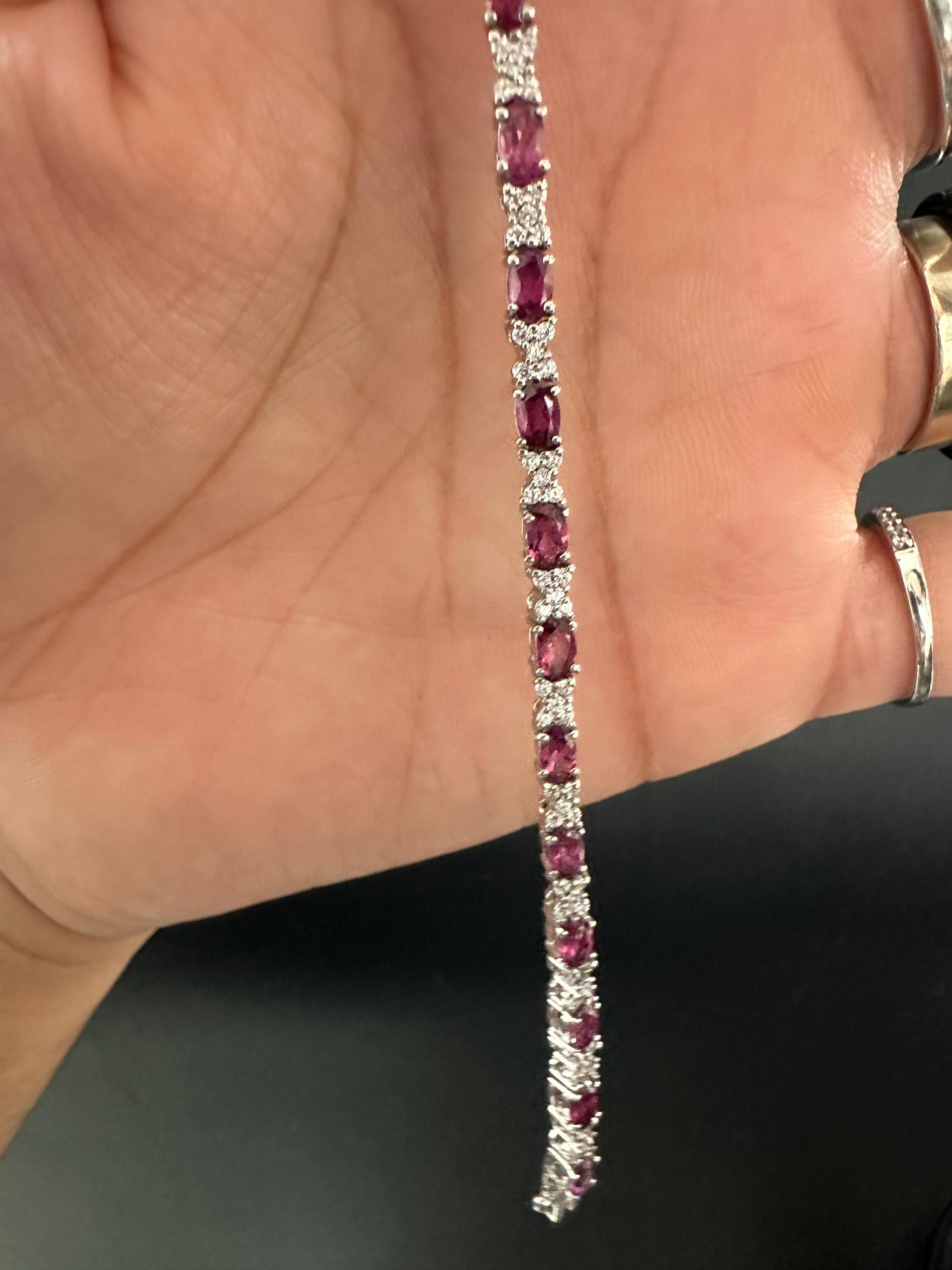 Rhodolite Garnet Tennis Bracelet | 925 Sterling Silver Diamond Accent Bridal Jewelry