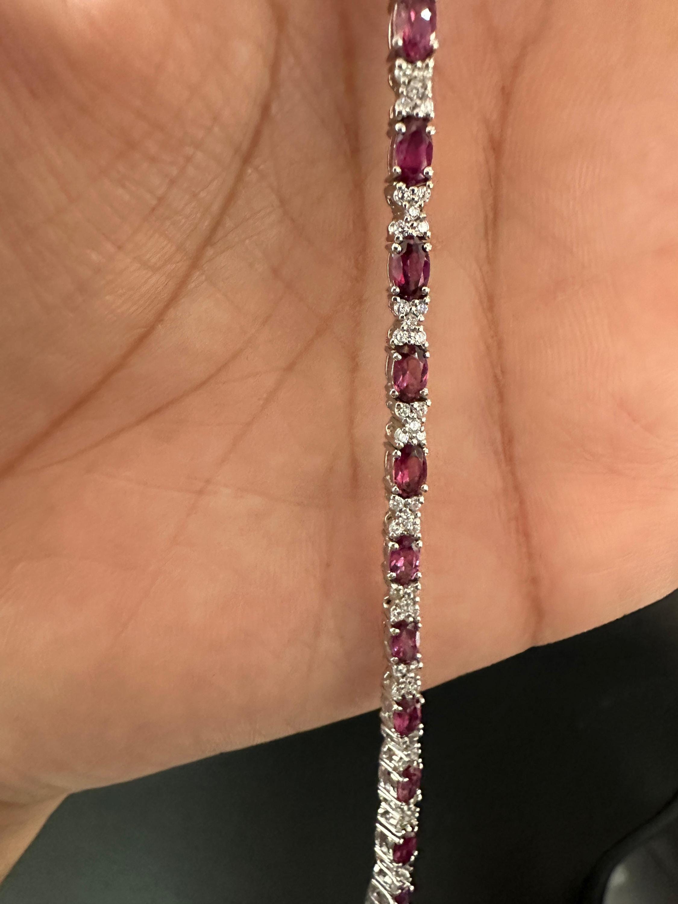 Rhodolite Garnet Tennis Bracelet | 925 Sterling Silver Diamond Accent Bridal Jewelry