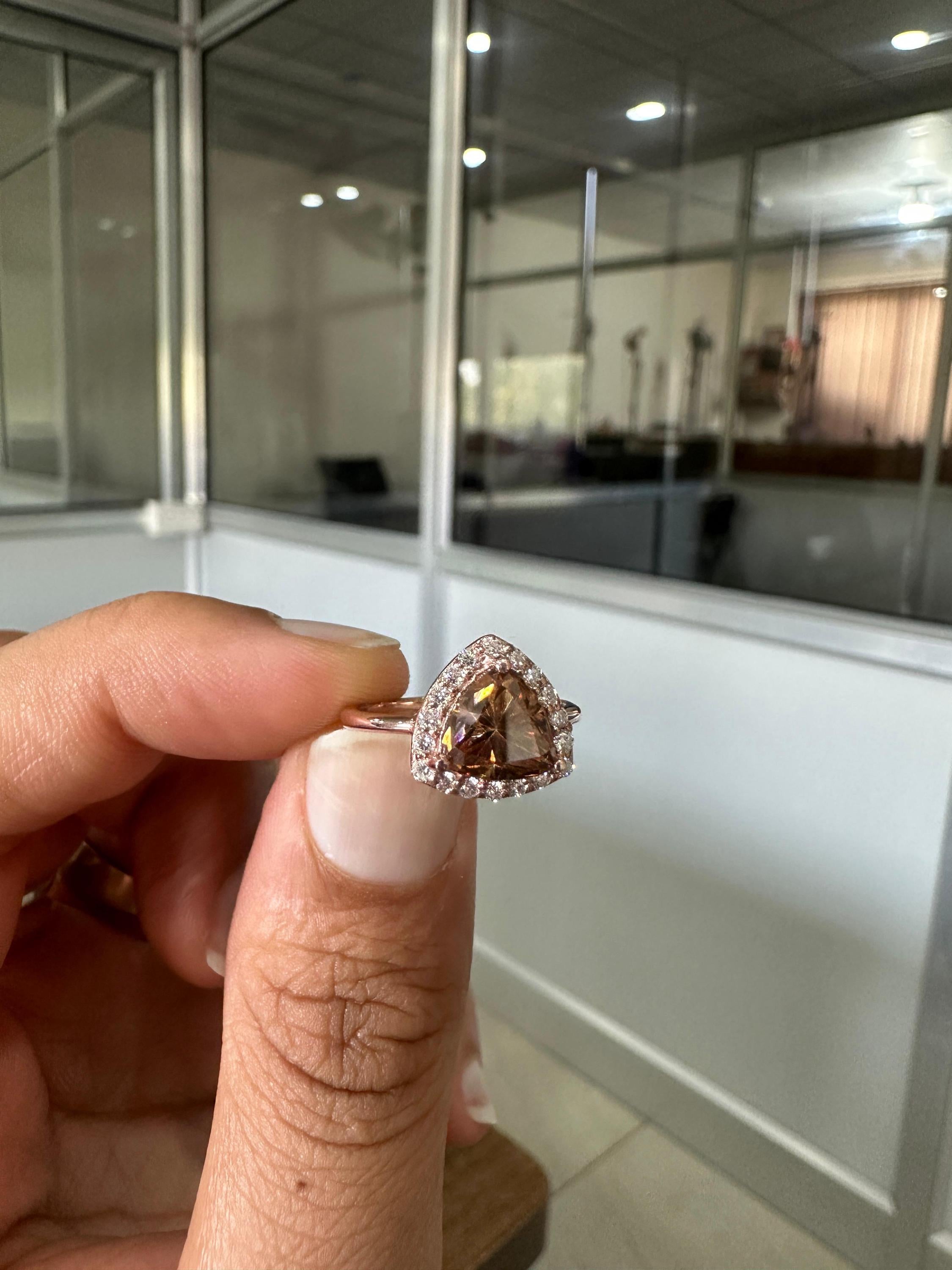 Champagne Trillion Shape Moissanite Halo Engagement Ring | 14k Rose Gold Finish