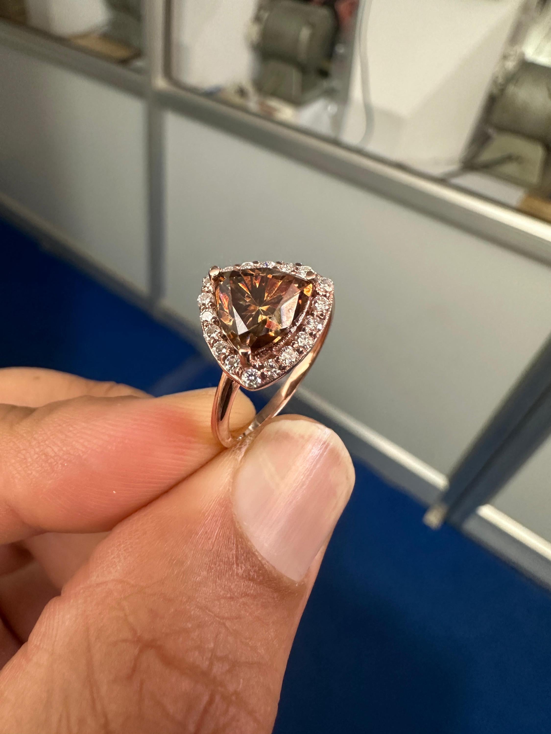 Champagne Trillion Shape Moissanite Halo Engagement Ring | 14k Rose Gold Finish
